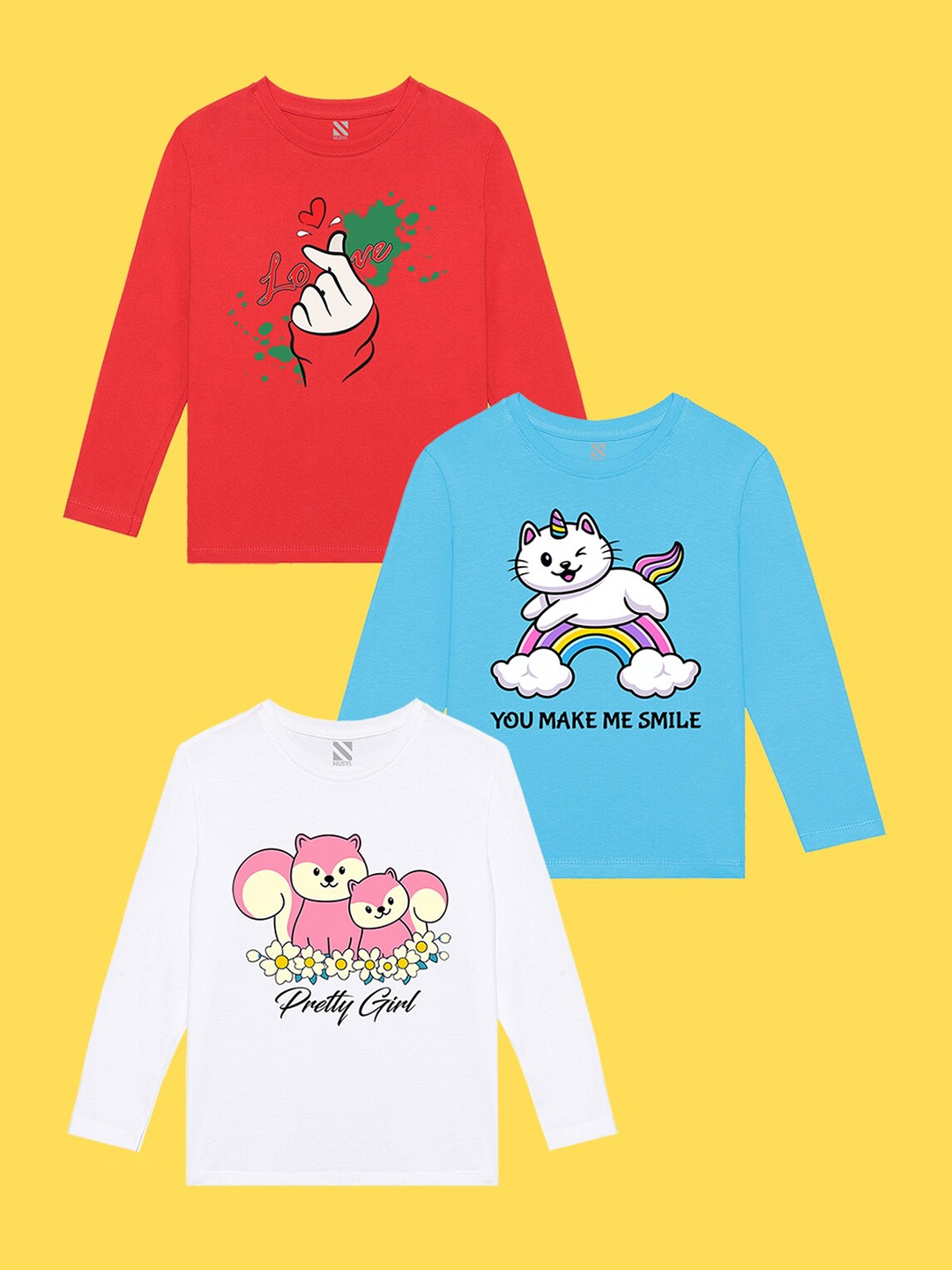 

NUSYL Girls Pack of 3 Red & White Printed T-shirt