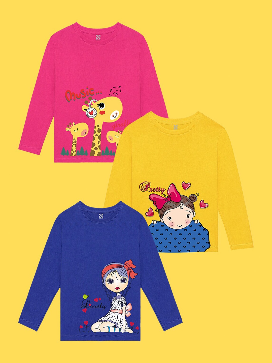 

NUSYL Girls Pack of 3 Pink & Blue Printed T-shirt