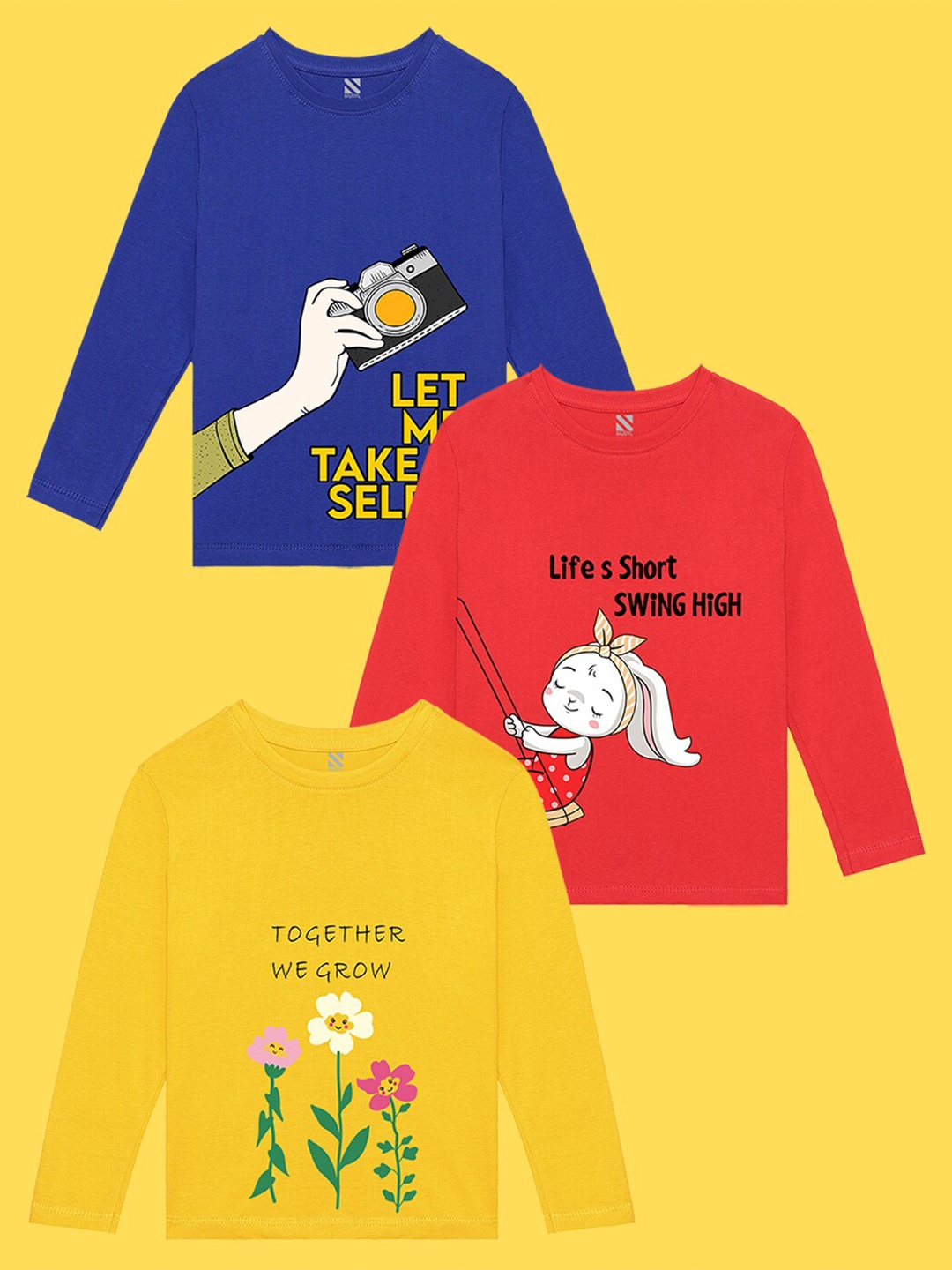 

NUSYL Girls Pack of 3 Blue & Yellow Printed T-shirt