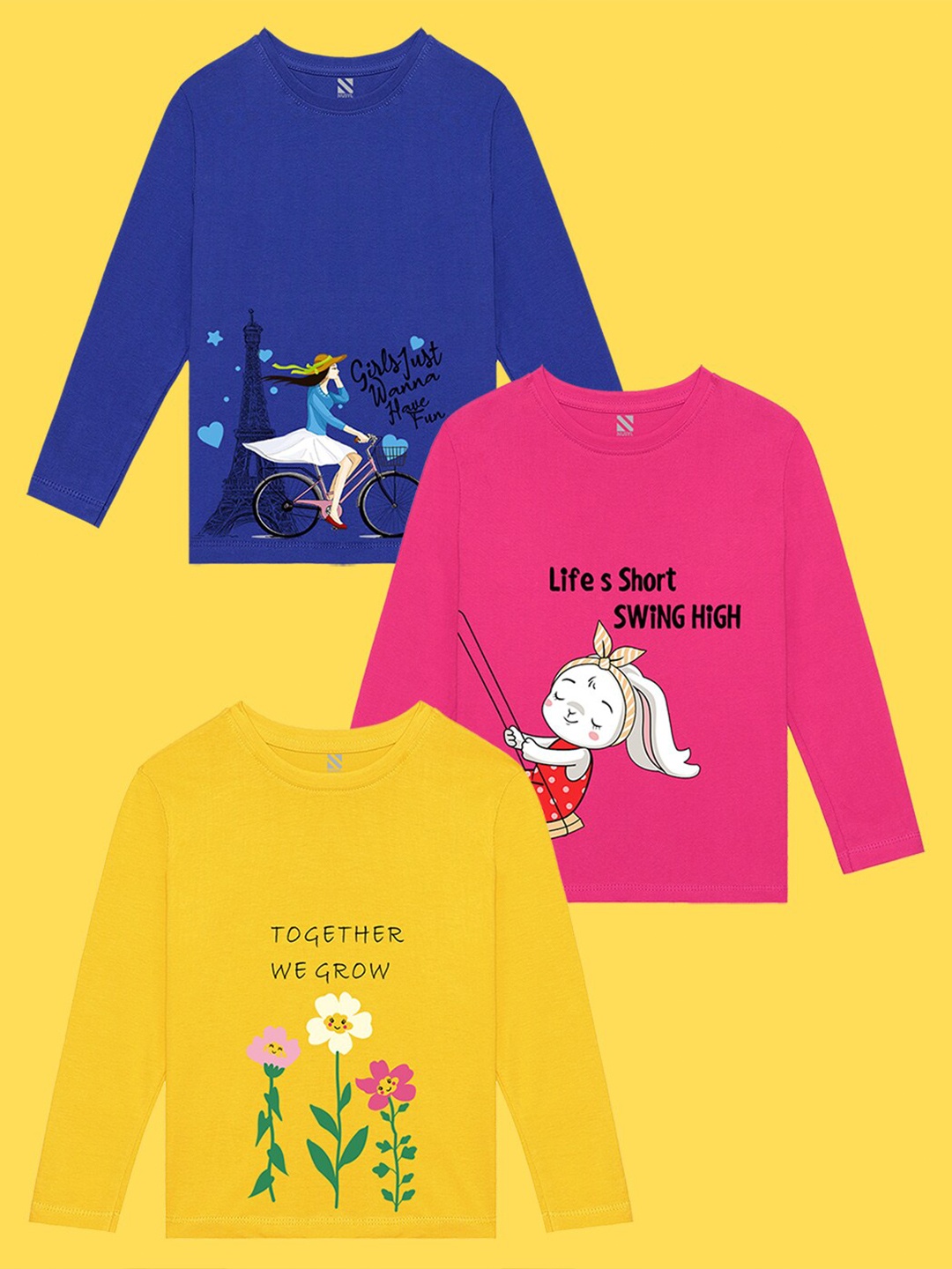 

NUSYL Girls Pack of 3 Blue & Yellow Printed T-shirt