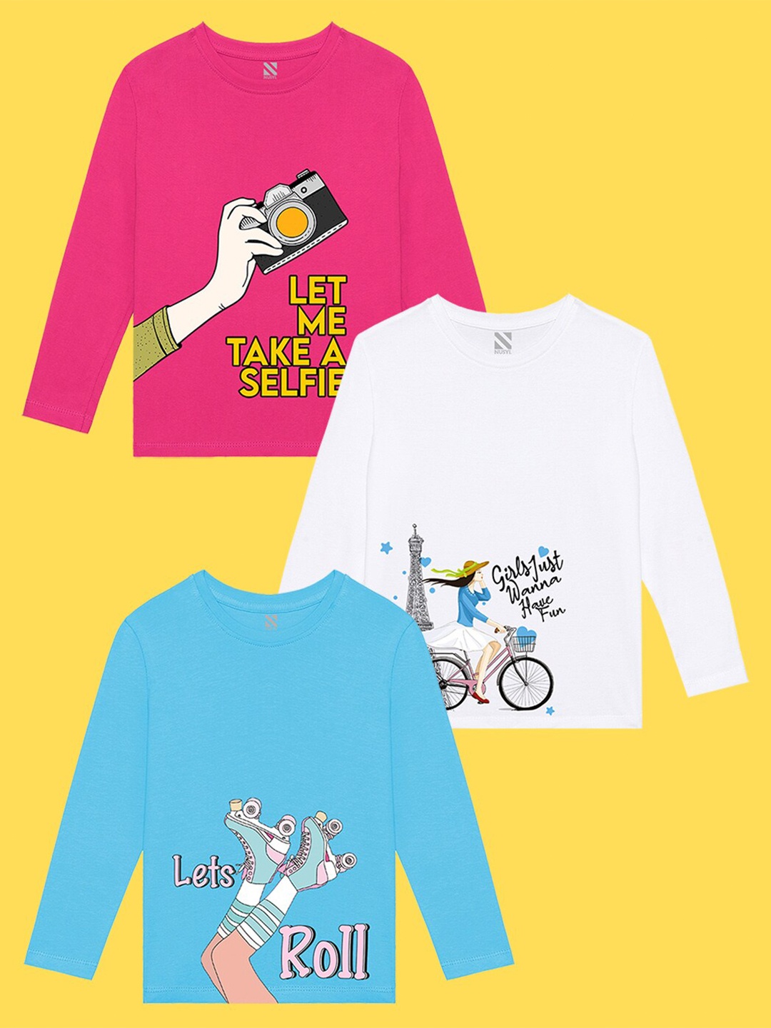 

NUSYL Girls Pack of 3 Pink & Blue Printed T-shirt