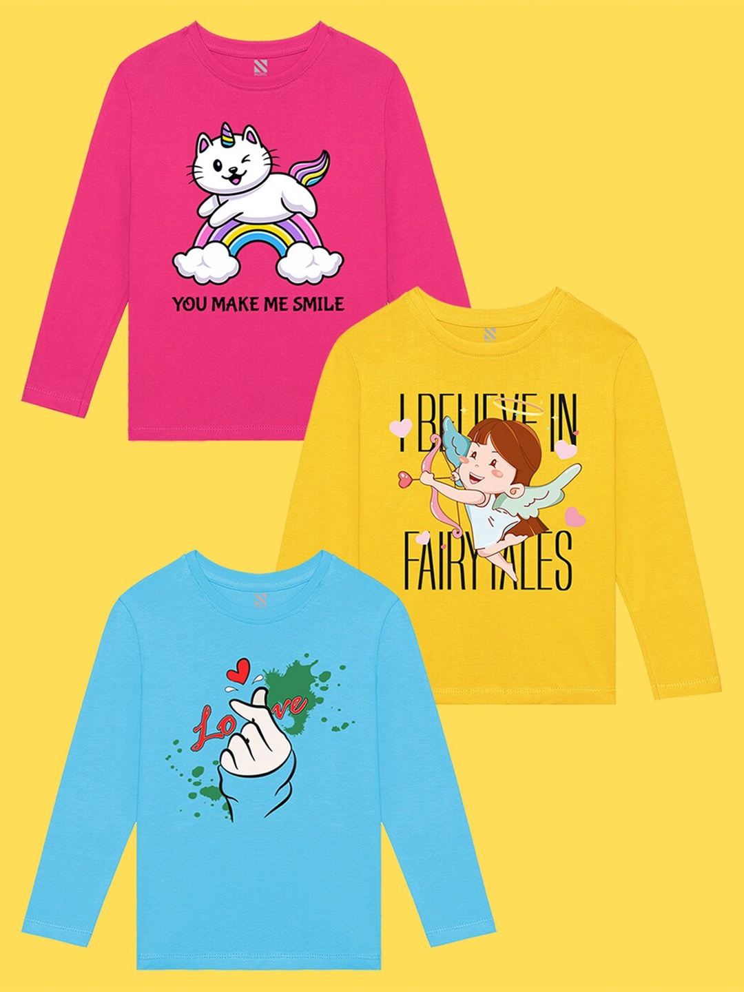 

NUSYL Girls Pack of 3 Pink & Yellow Printed T-shirt