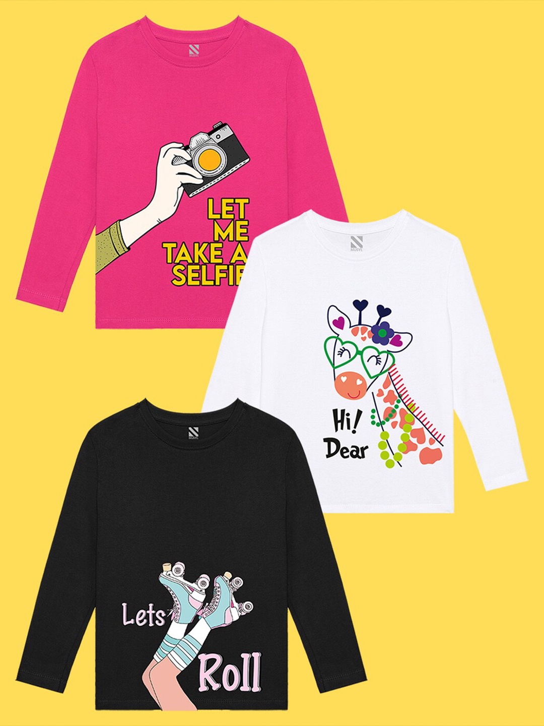 

NUSYL Girls Pack of 3 Pink & Black Printed T-shirt