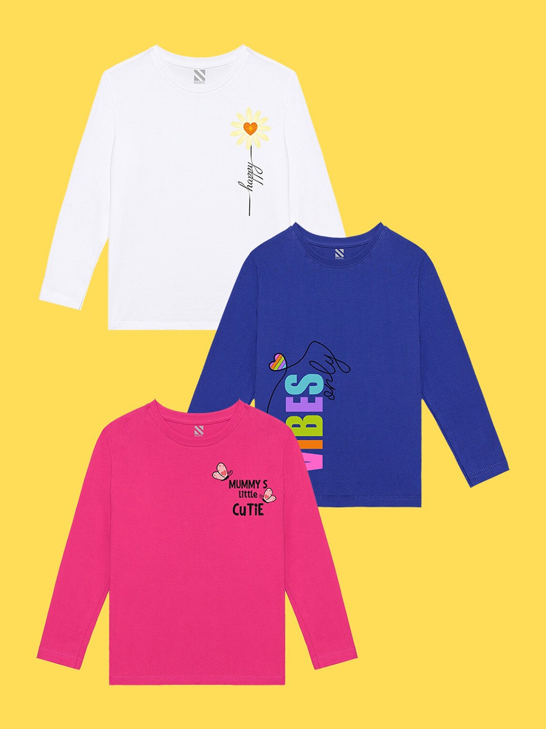 

NUSYL Girls Pack of 3 White & Blue Printed T-shirt