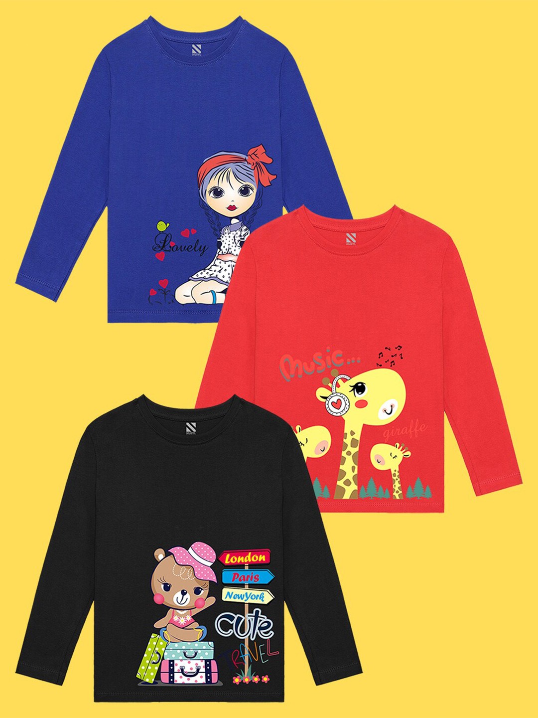 

NUSYL Girls Pack of 3 Blue & Black Printed T-shirt