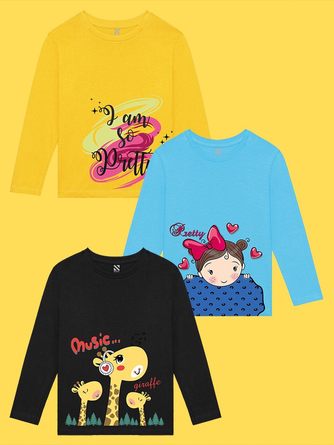 

NUSYL Girls Pack Of 3 Printed T-shirt, Yellow