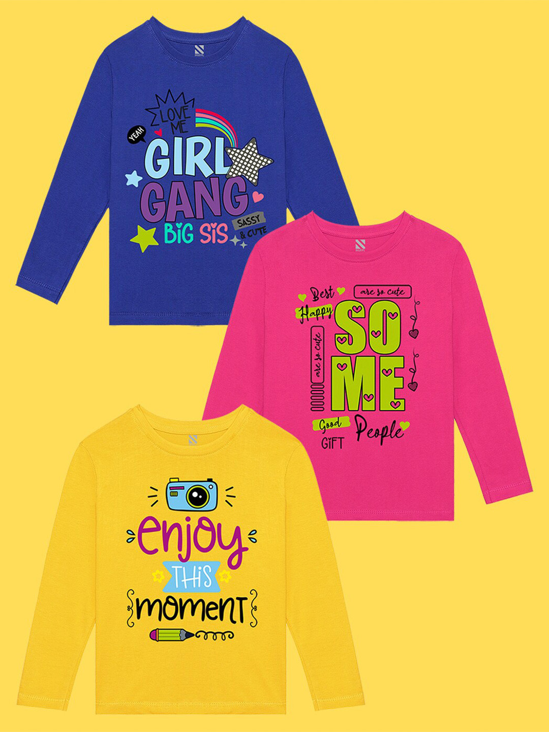 

NUSYL Girls Pack Of 3 Printed T-shirt, Blue