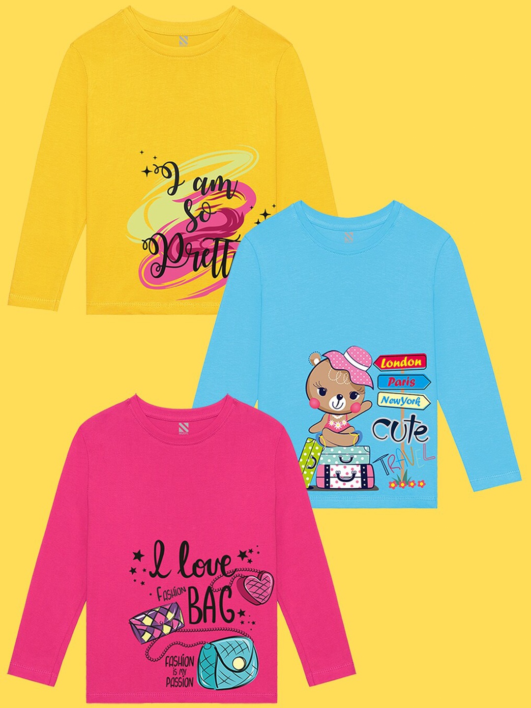

NUSYL Girls Pack Of 3 Printed T-shirt, Yellow