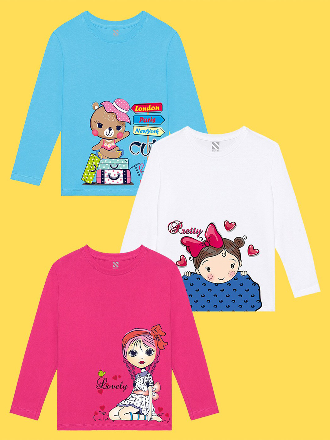

NUSYL Girls Pack Of 3 Printed T-shirt, Blue