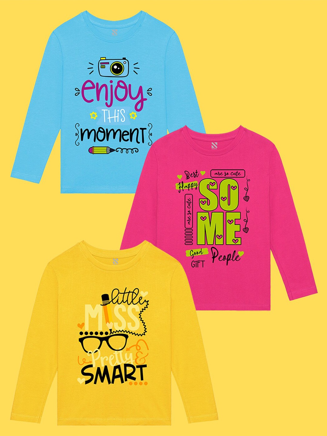 

NUSYL Girls Pack Of 3 Typography Printed T-shirt, Blue