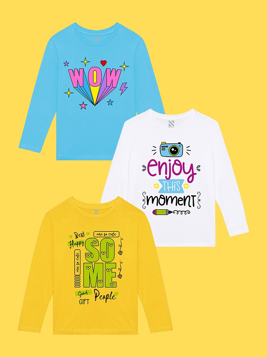 

NUSYL Girls Pack Of 3 Typography Printed T-shirt, Blue