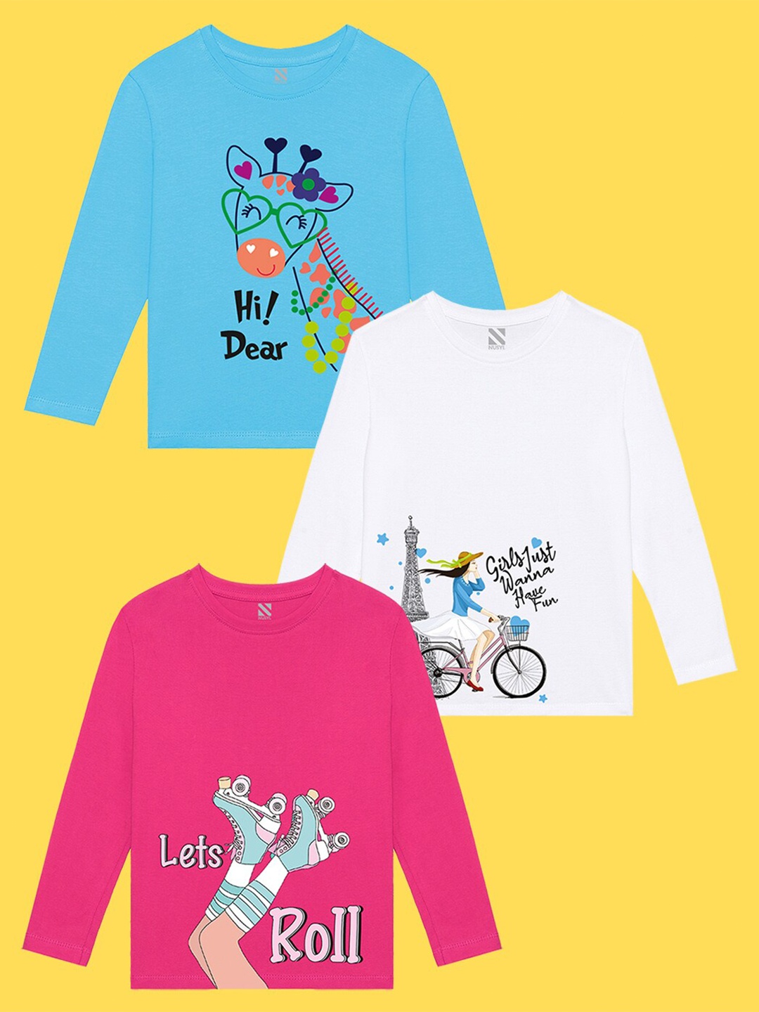 

NUSYL Girls Pack Of 3 Printed T-shirt, Blue