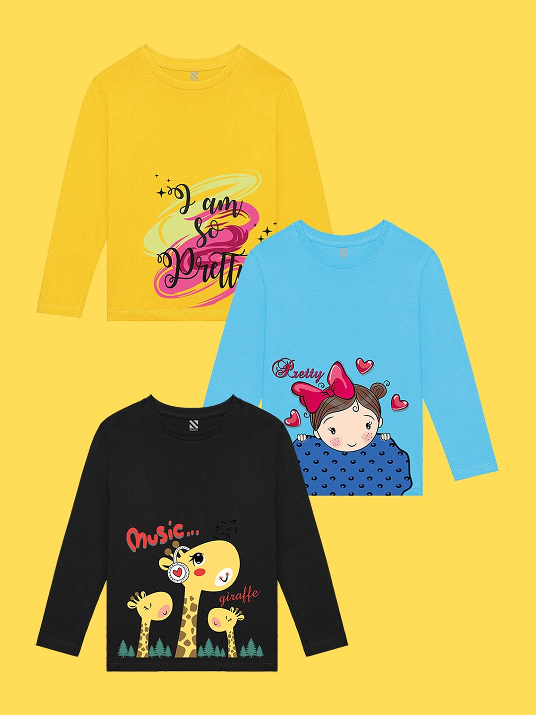 

NUSYL Girls Pack Of 3 Printed T-shirt, Yellow