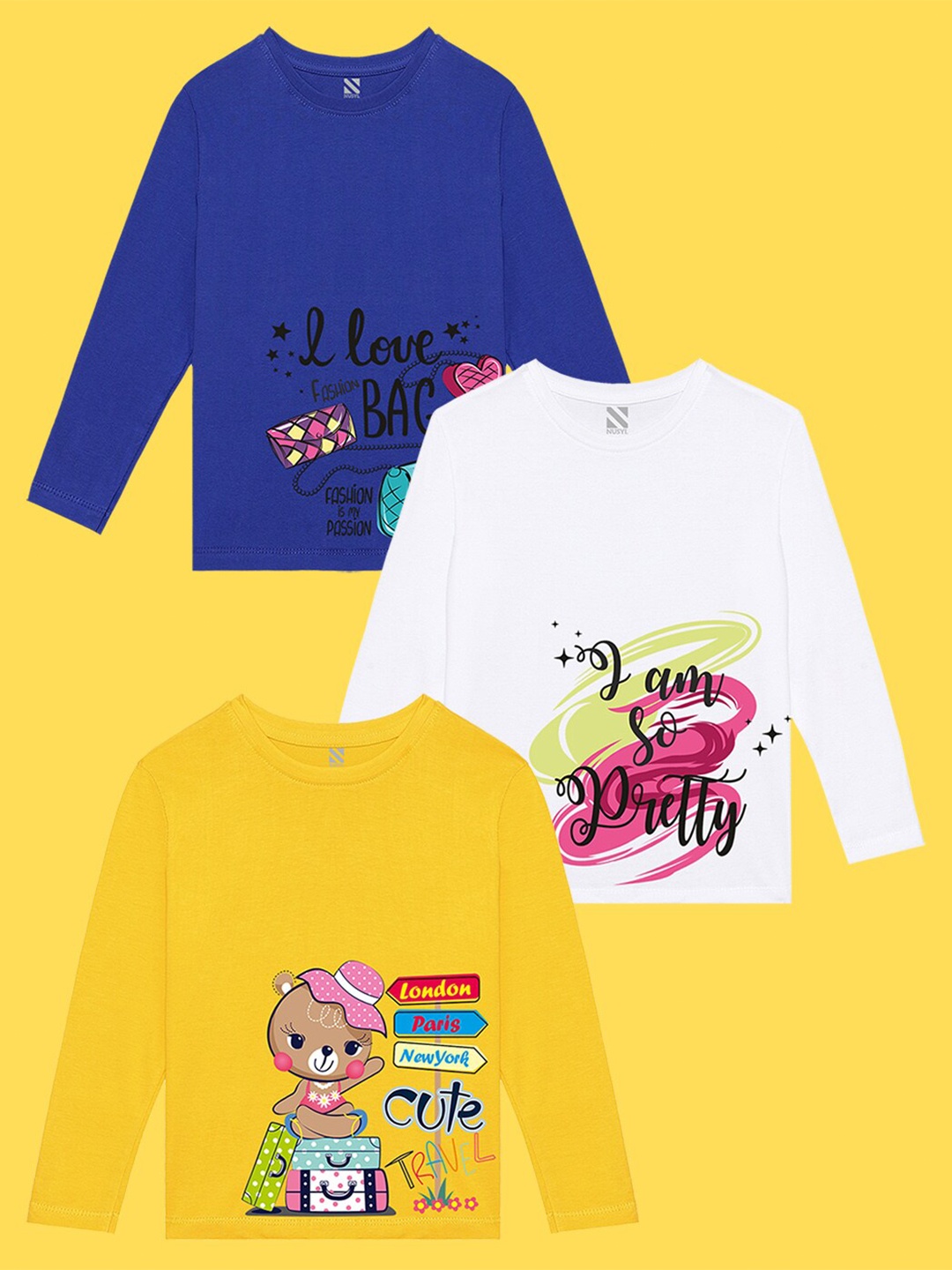 

NUSYL Girls Pack Of 3 Typography Printed T-shirt, Blue