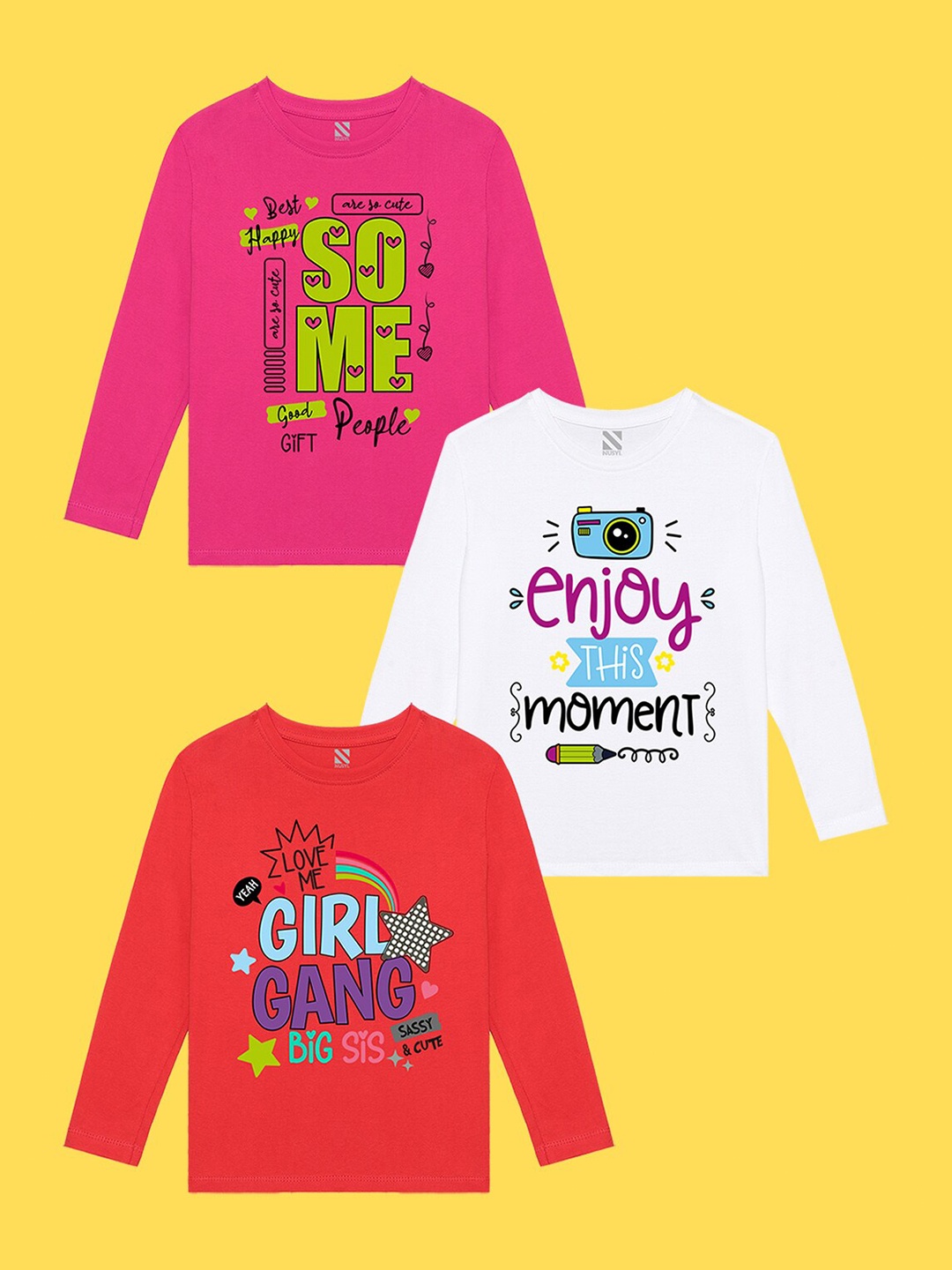 

NUSYL Girls Pack Of 3 Typography Printed T-shirt, Pink