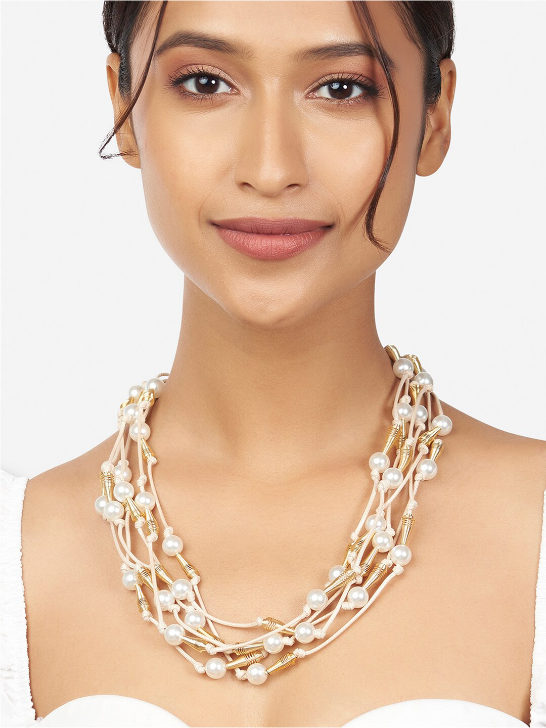 

Ahaanya Women Brass Gold-Plated Layered Necklace, White