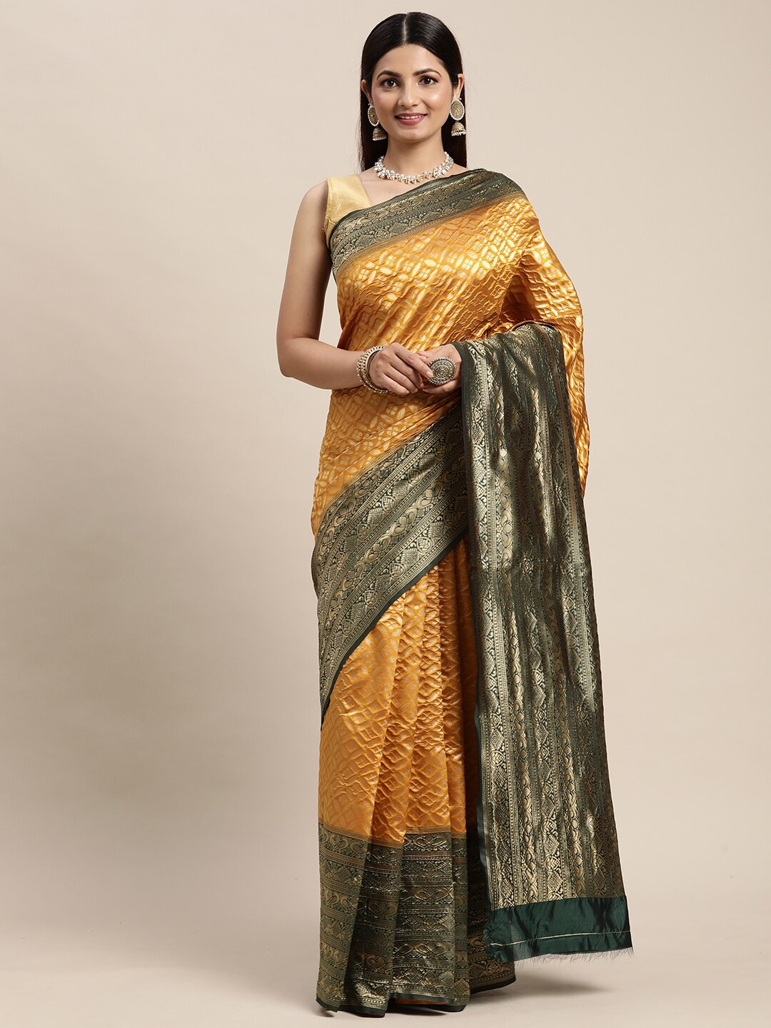 

eshami Gold-Toned & Mustard Ethnic Motifs Zari Silk Blend Kanjeevaram Saree