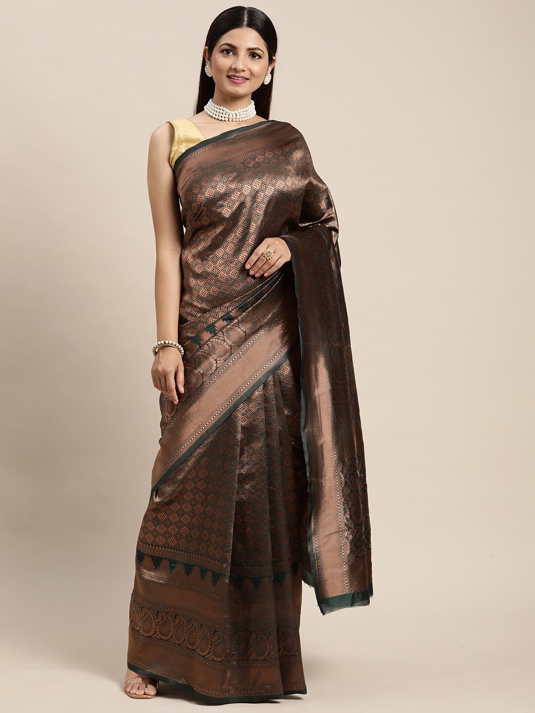 

eshami Green & Copper-Toned Ethnic Motifs Zari Silk Blend Kanjeevaram Saree