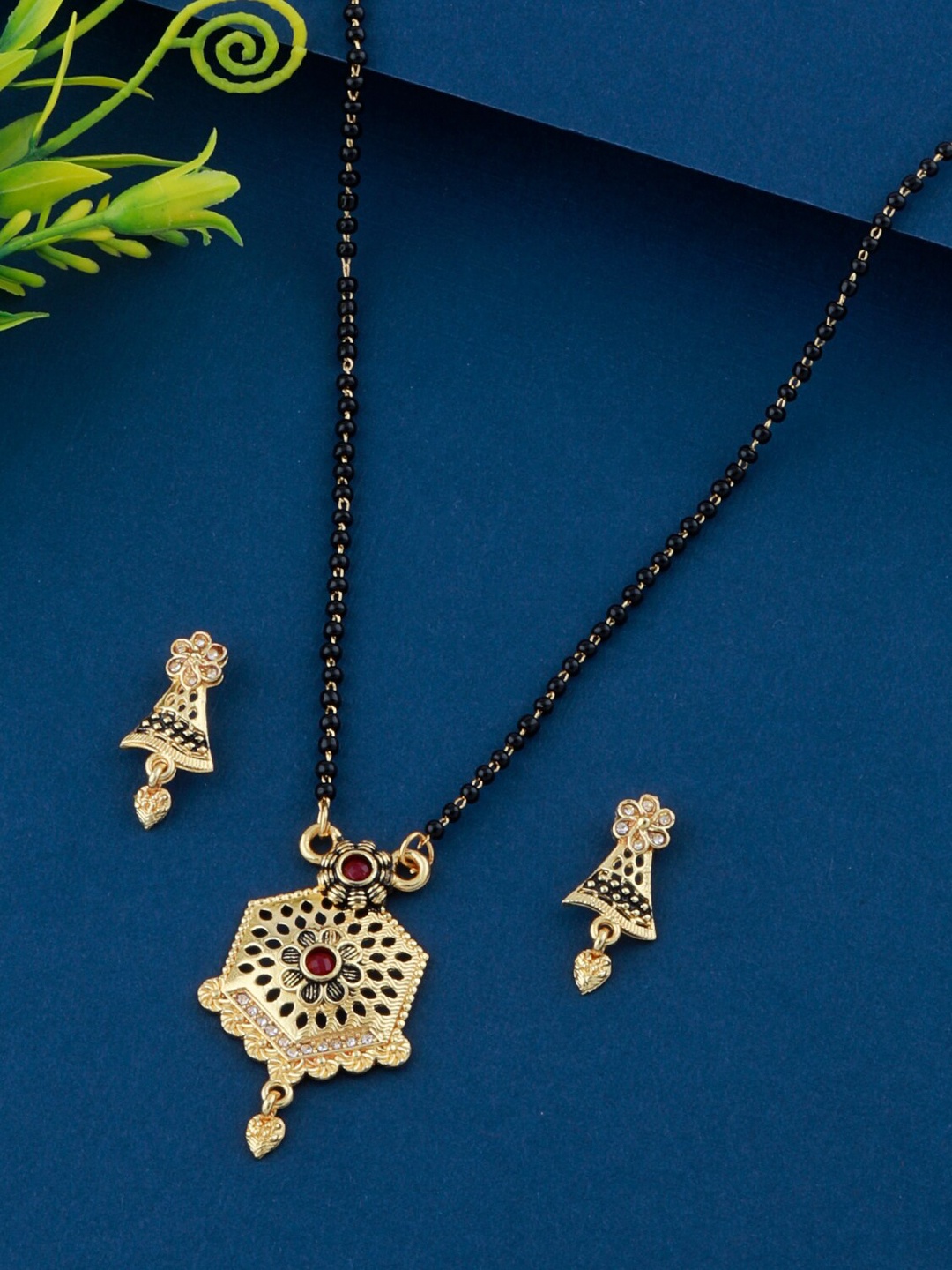 

Silver Shine Gold-Plated & Toned Beaded & Stones-Studded Mangalsutra Set