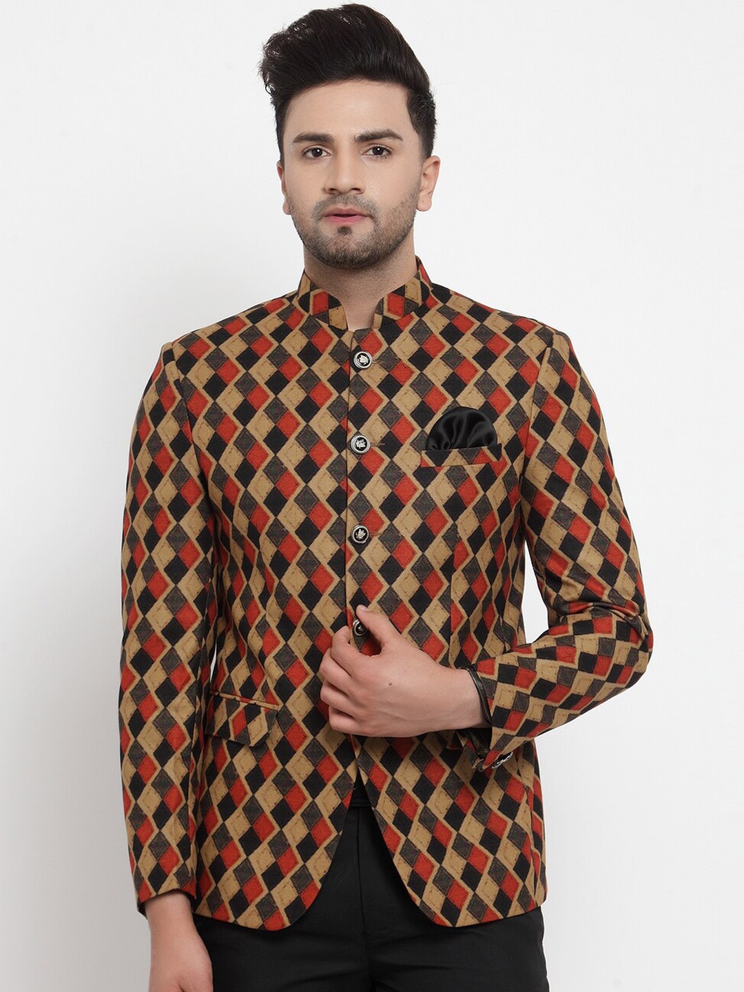 KLOTTHE Men Printed Slim-Fit Bandhgala Blazers, Brown