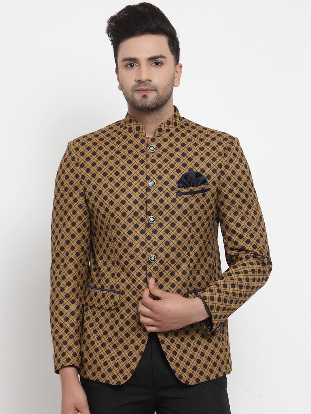 

KLOTTHE Men Checked Slim-Fit Bandhgala Blazer, Brown