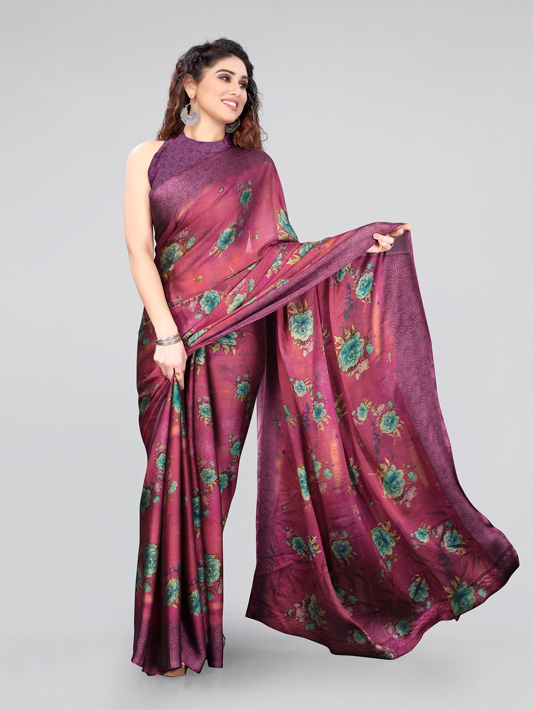 

MIRCHI FASHION Coral & Green Floral Poly Chiffon Saree