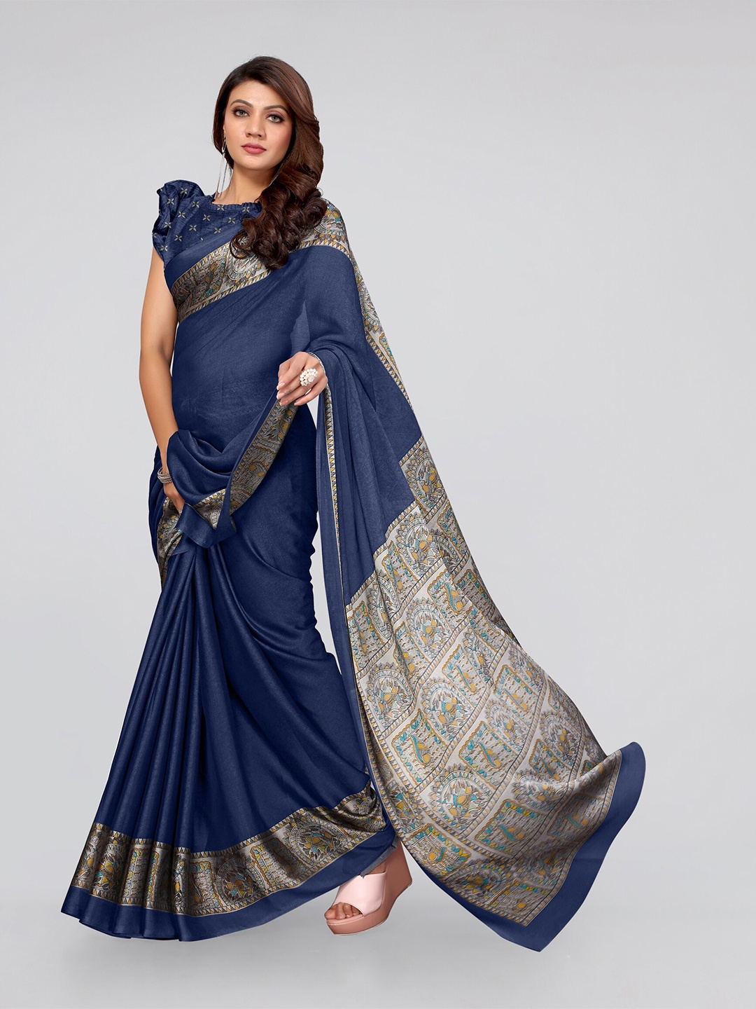 

KALINI Navy Blue & Beige Poly Chiffon Saree
