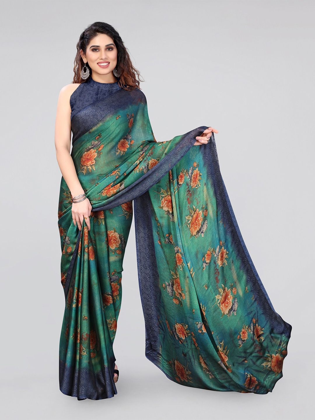 

MIRCHI FASHION Teal & Navy Blue Floral Poly Chiffon Saree