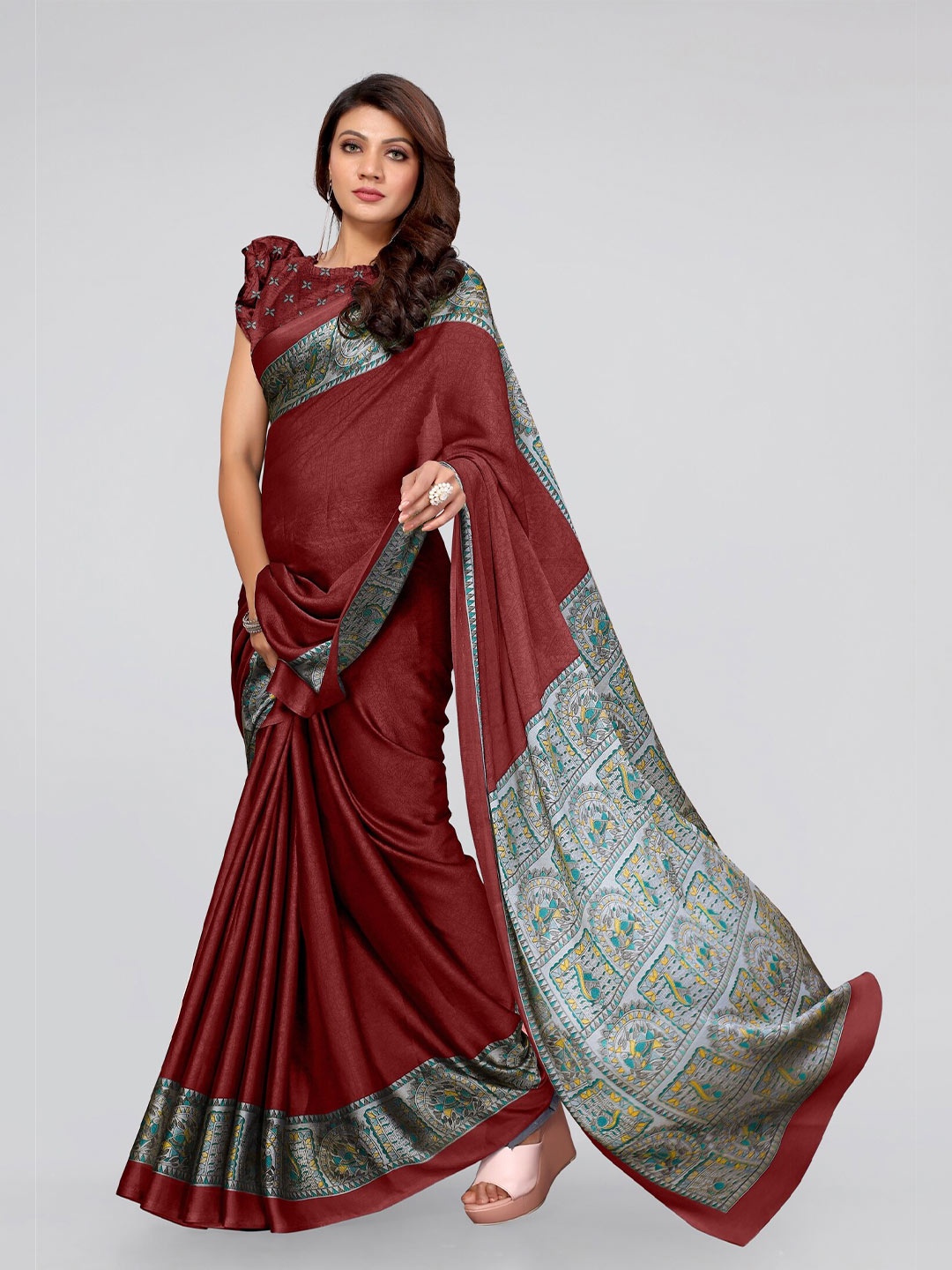 

MIRCHI FASHION Maroon & Grey Ethnic Motifs Poly Chiffon Saree