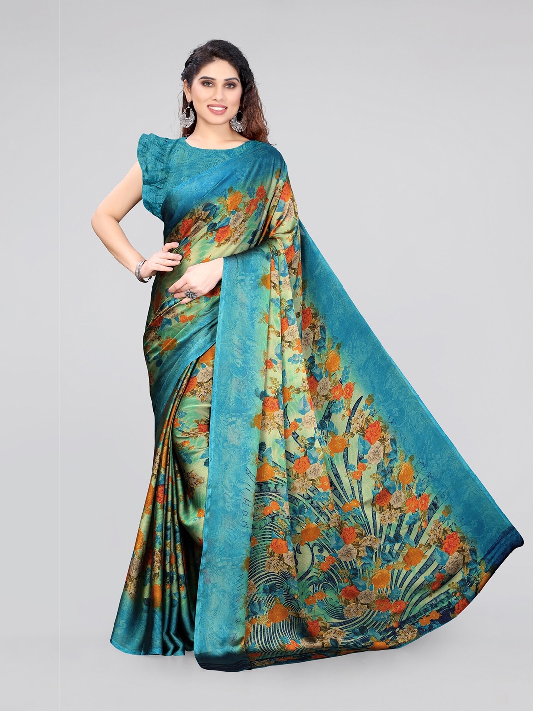 

MIRCHI FASHION Teal & Rust Floral Poly Chiffon Saree