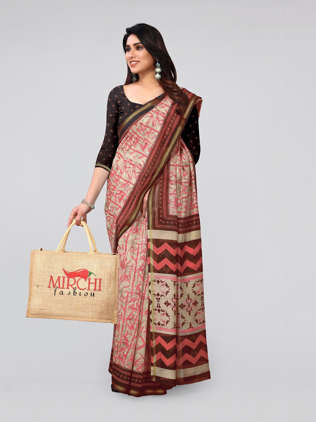 

MIRCHI FASHION Beige & Pink Cotton Blend Saree