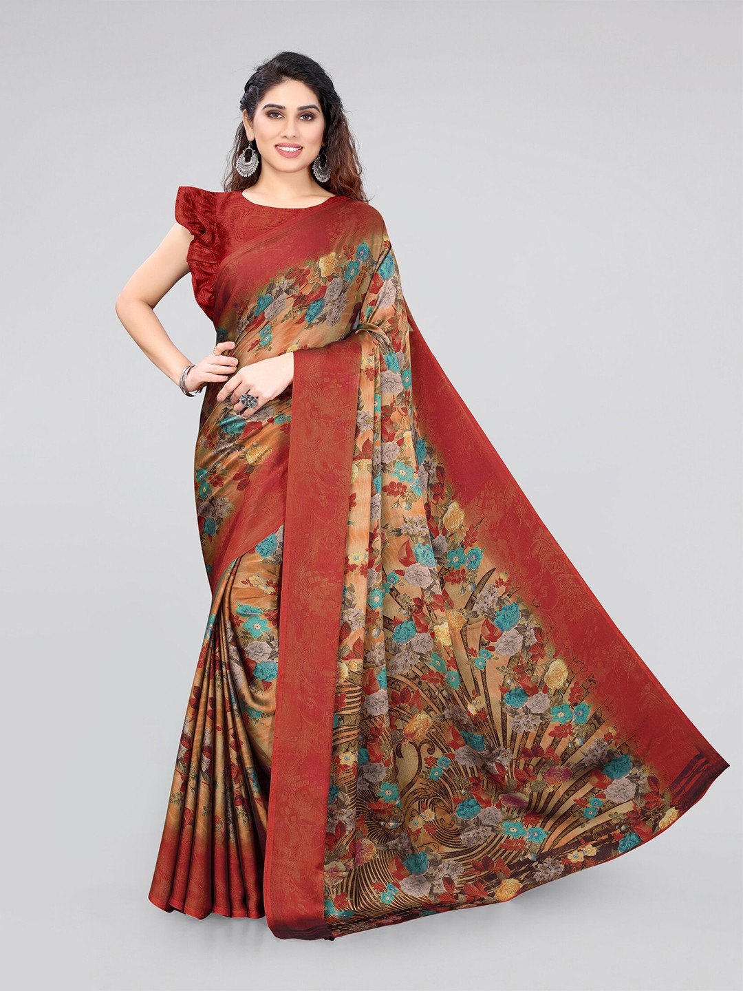 

MIRCHI FASHION Orange & Brown Floral Poly Chiffon Saree