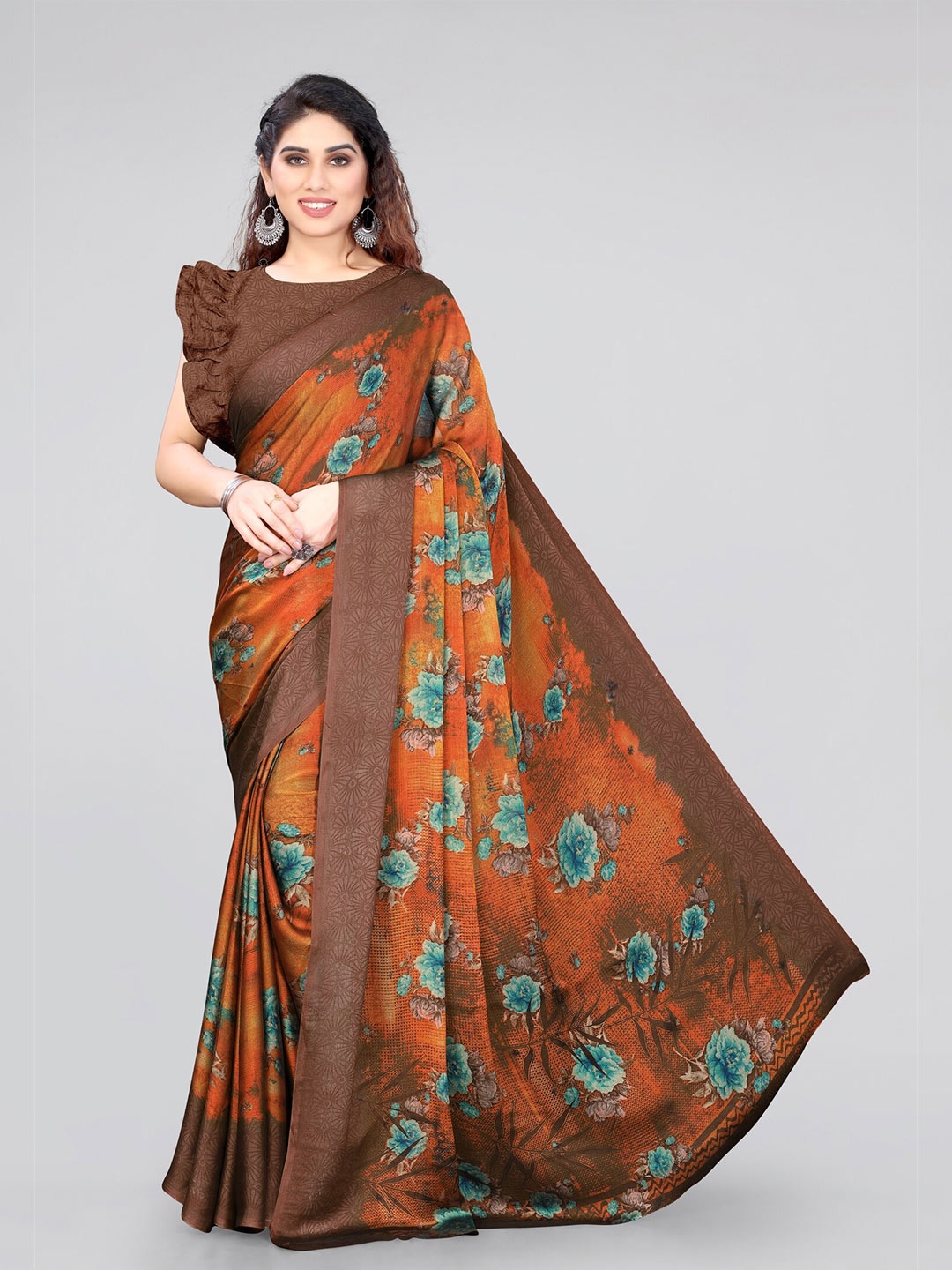 

MIRCHI FASHION Orange & Brown Floral Poly Chiffon Saree