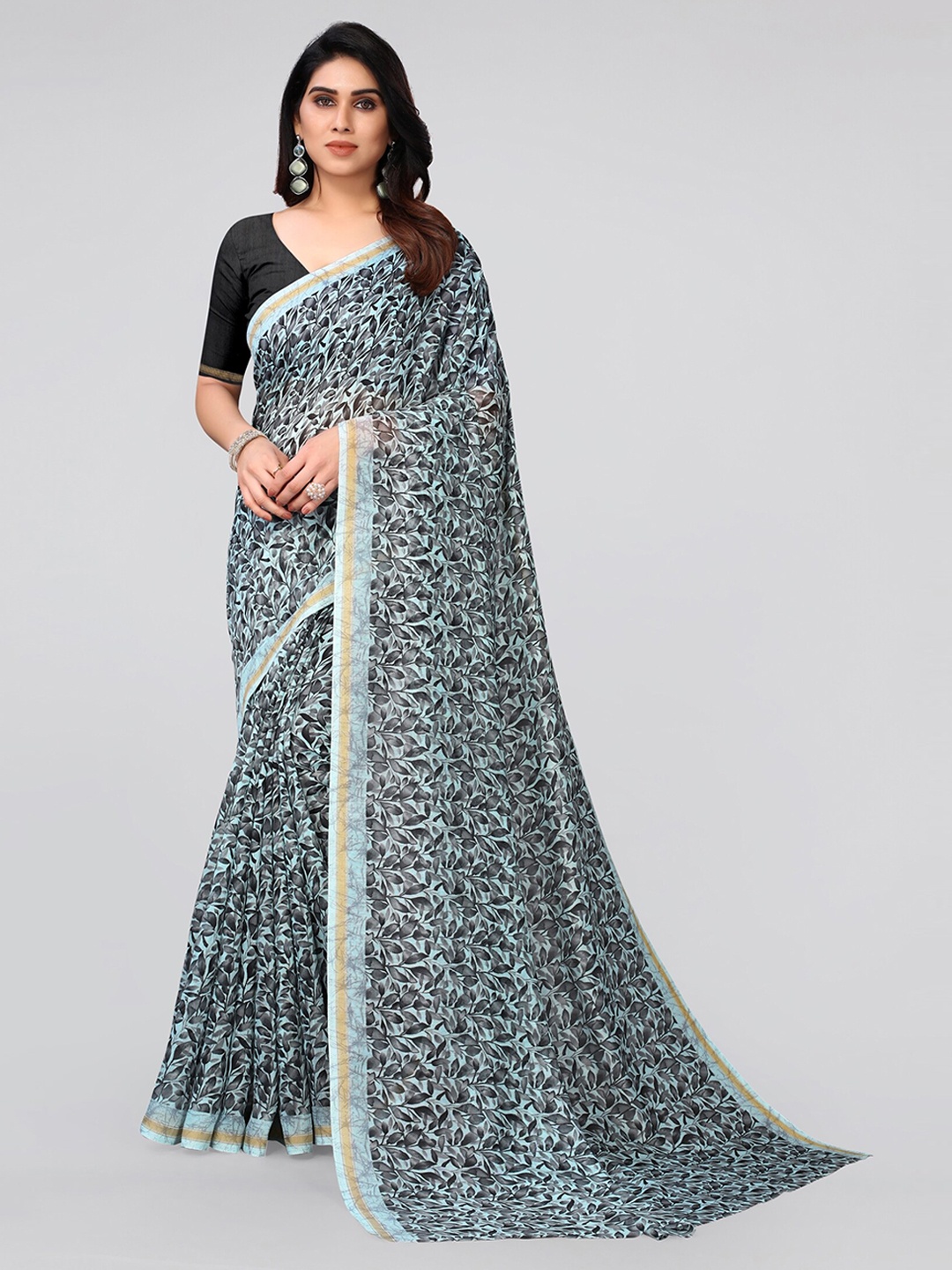 

MIRCHI FASHION Blue & Black Floral Cotton Blend Saree