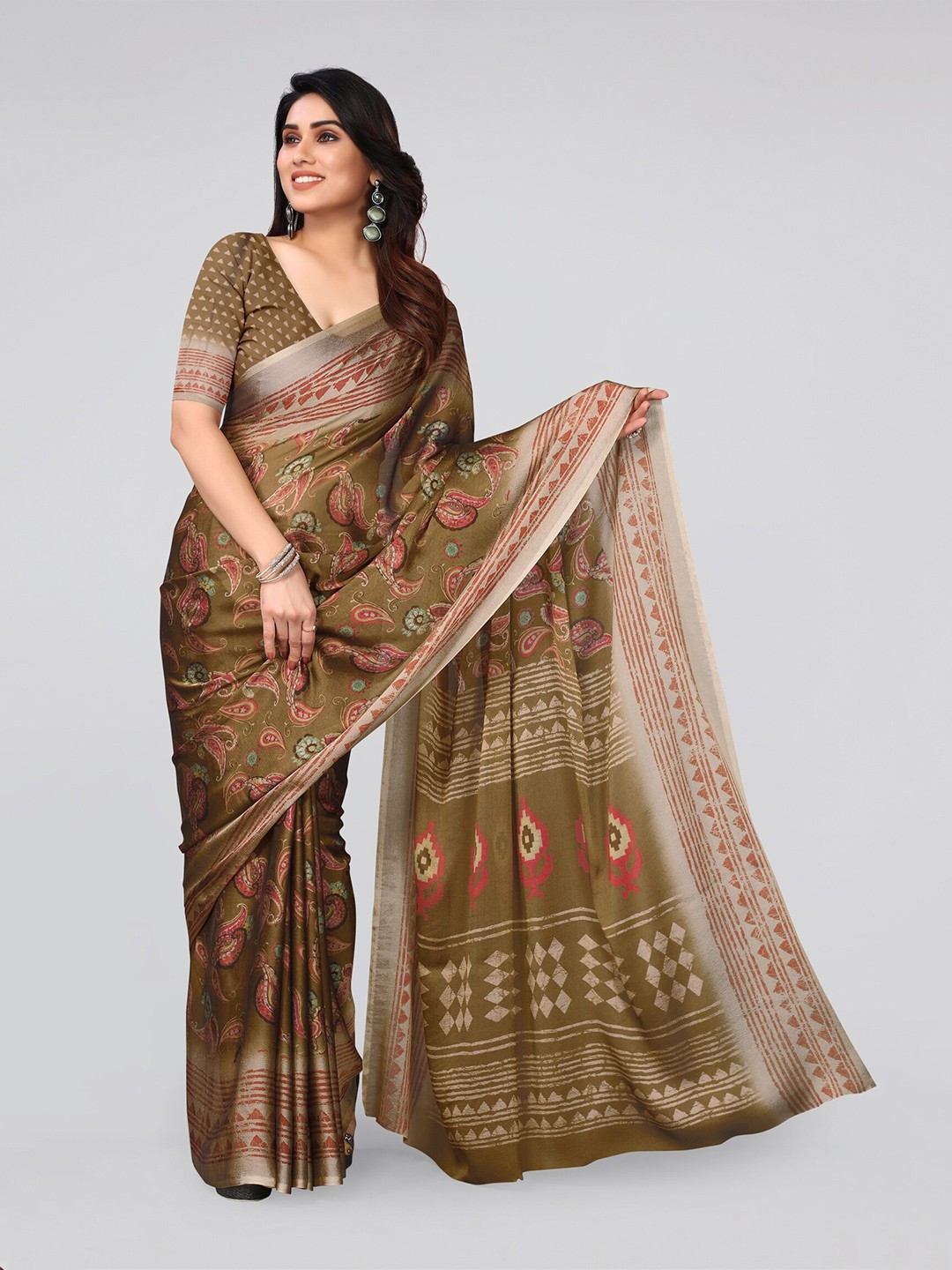 

MIRCHI FASHION Brown & Coral Paisley Saree