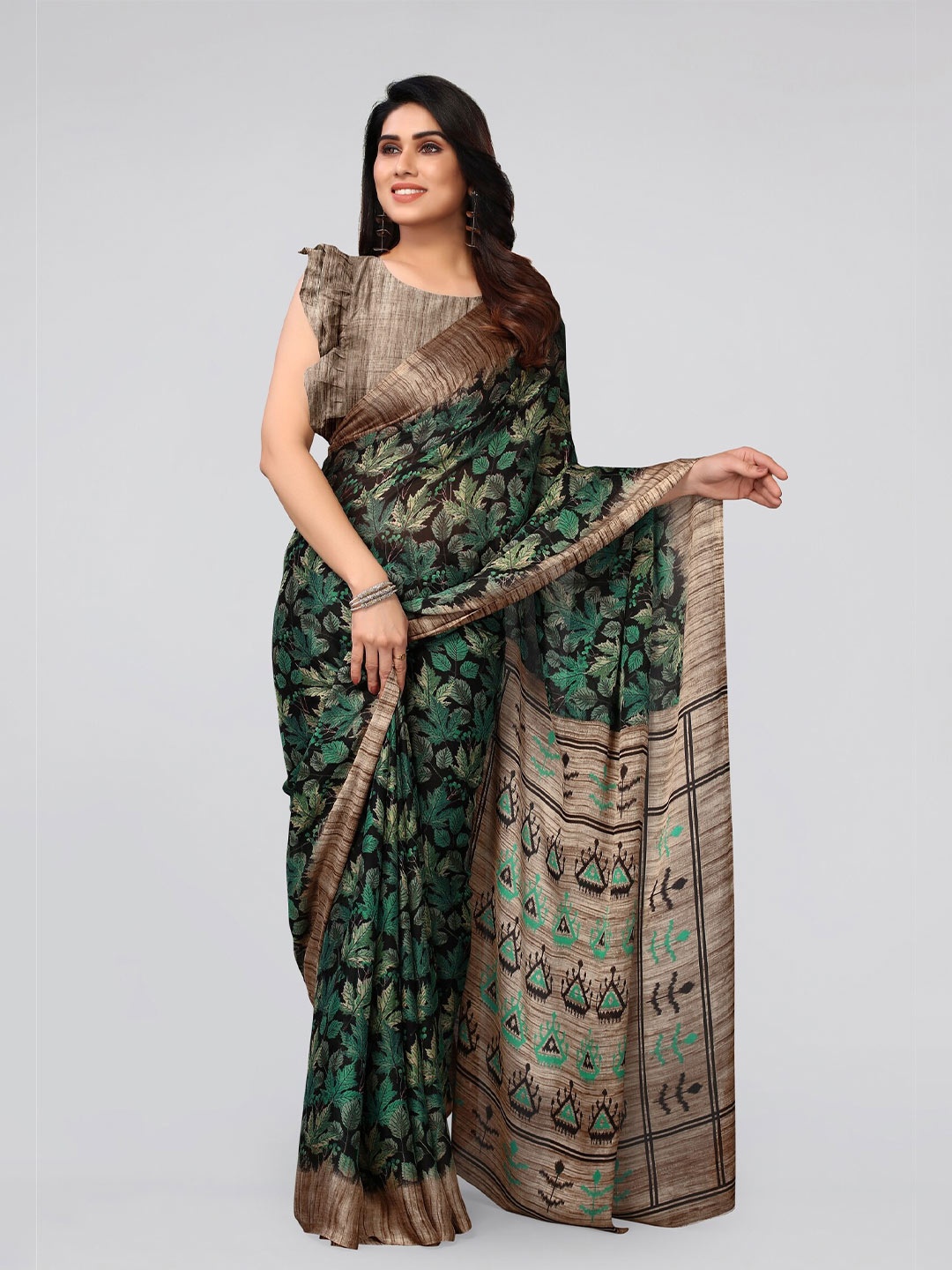 

MIRCHI FASHION Black & Green Floral Saree