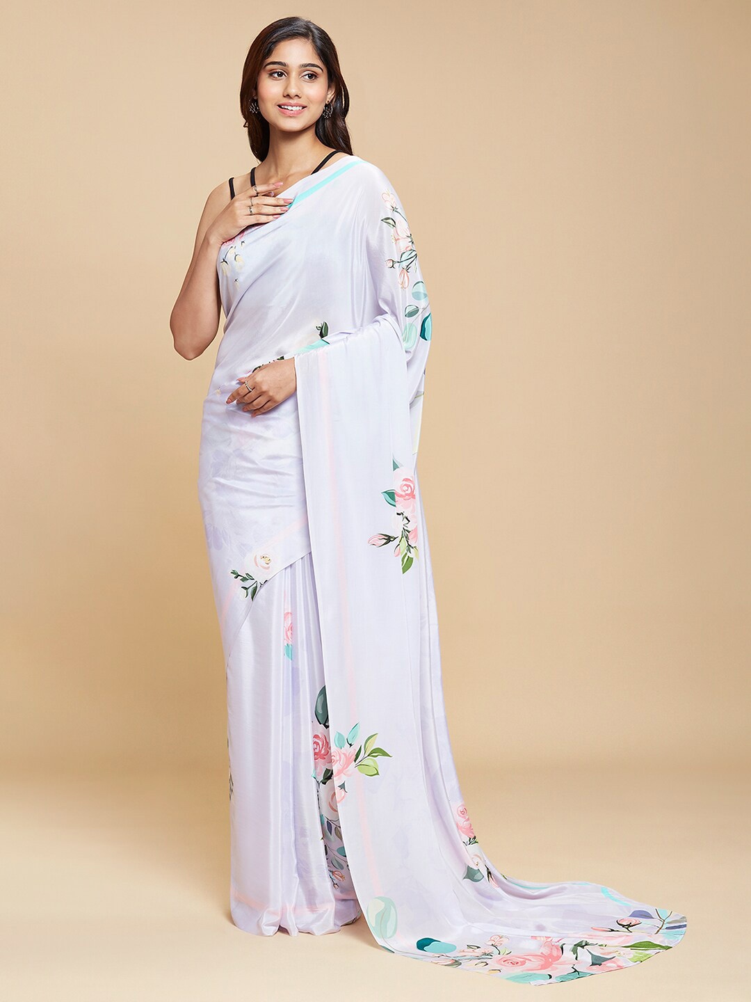 

navyasa Lavender & Green Floral Pure Crepe Saree