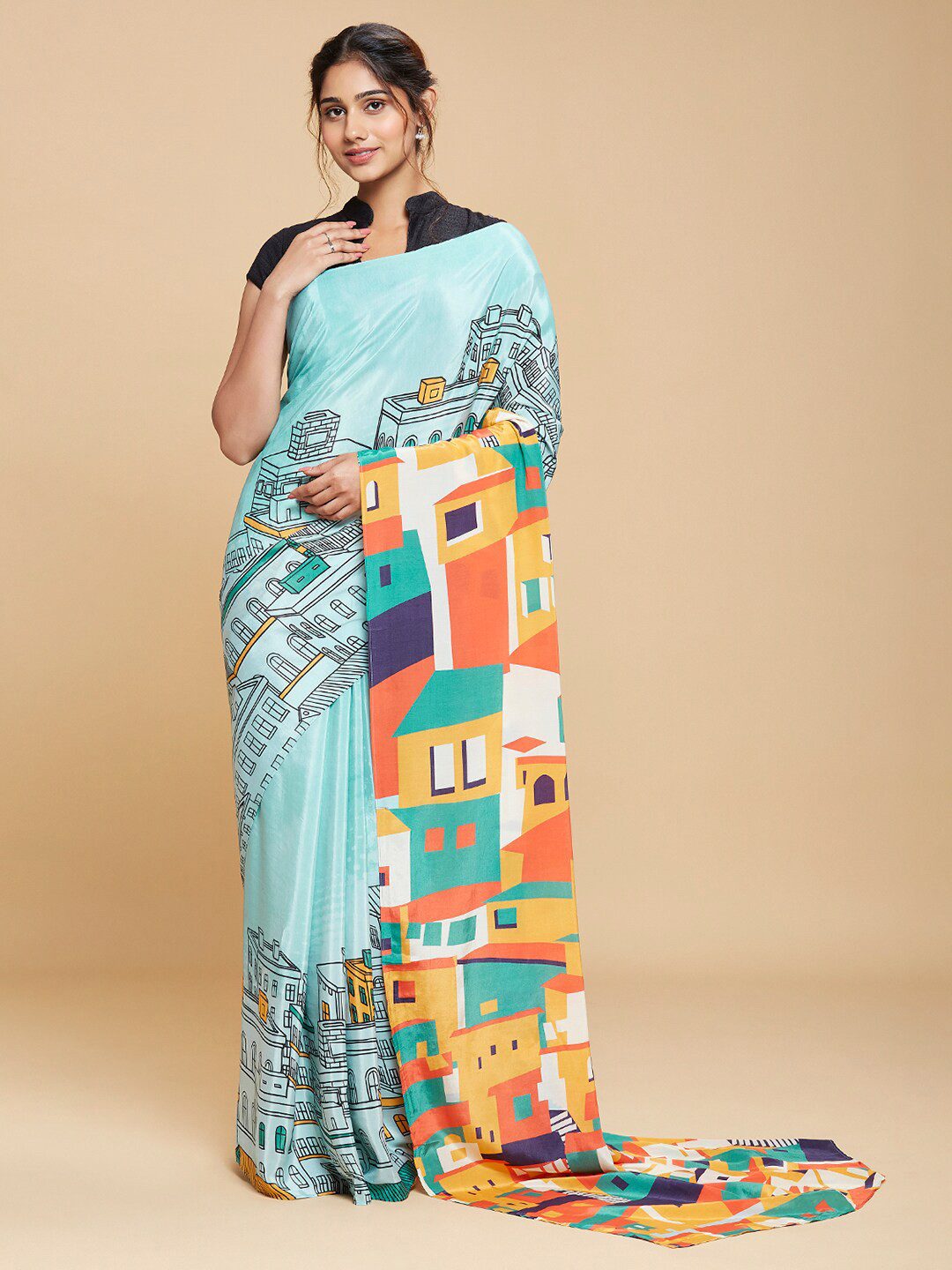 

navyasa Blue & Black Paisley Pure Crepe Saree