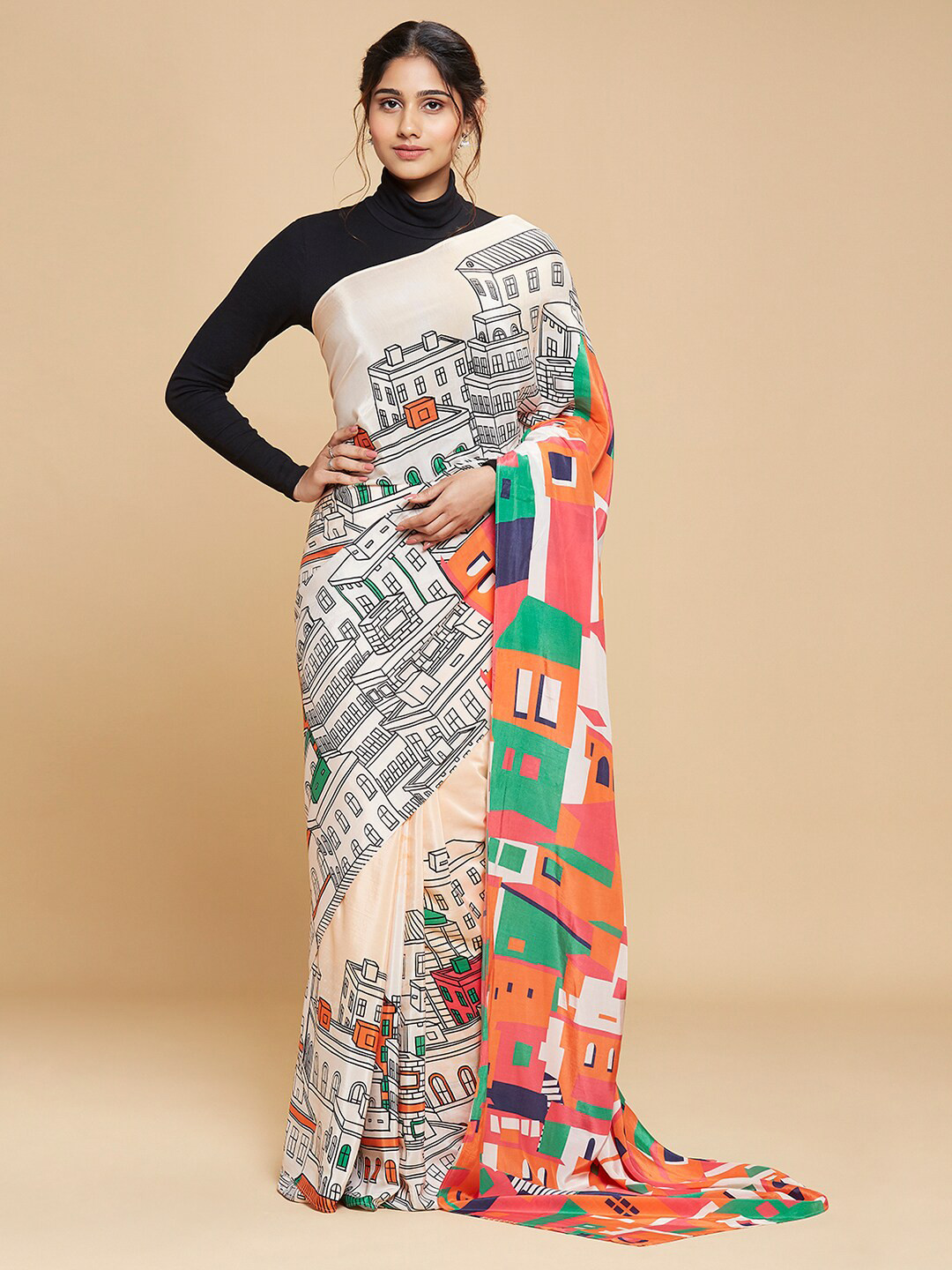 

navyasa Grey & Orange Pure Crepe Saree