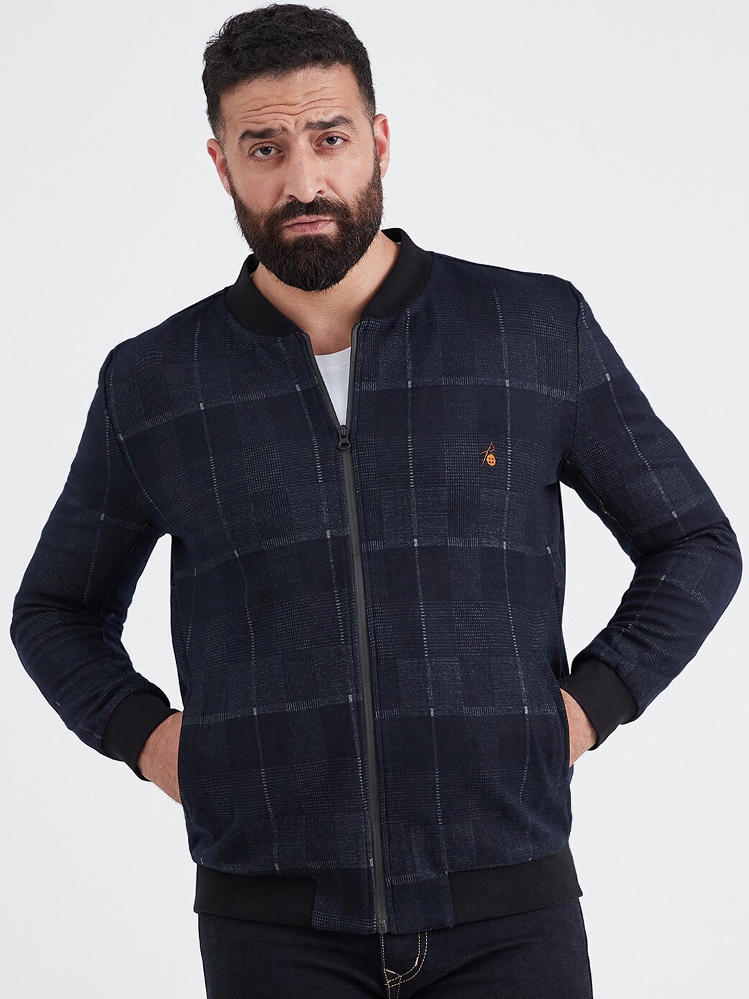

MR BUTTON Men Navy Blue Checked Bomber Jacket