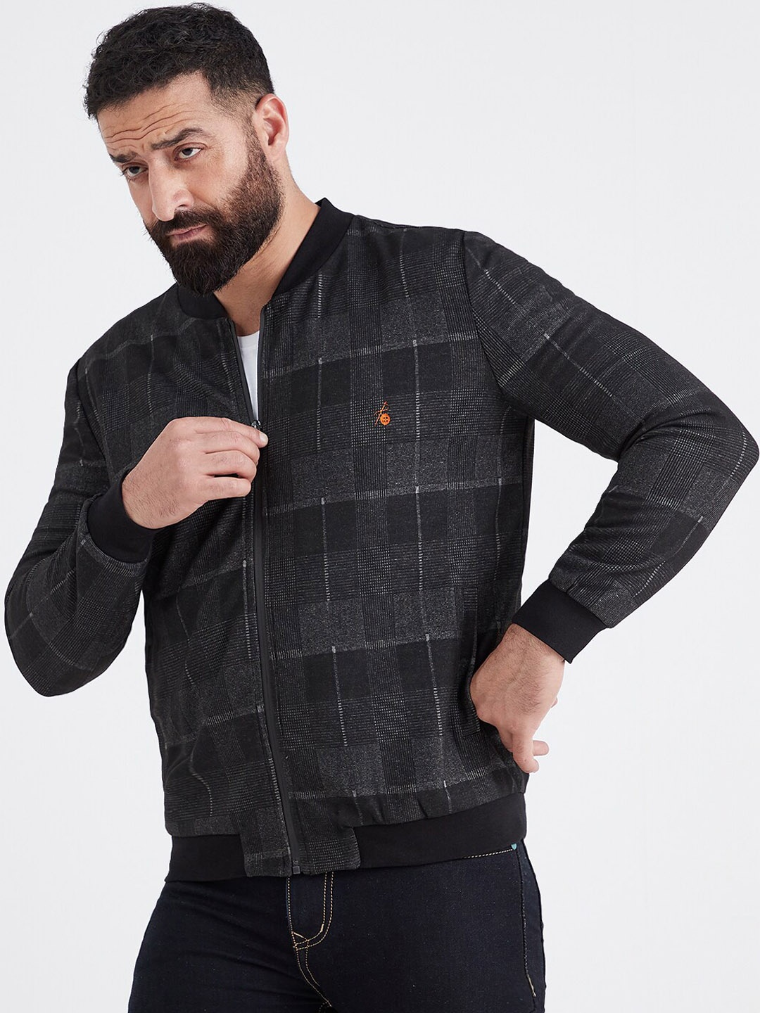 

MR BUTTON Men Grey Checked Bomber Jacket