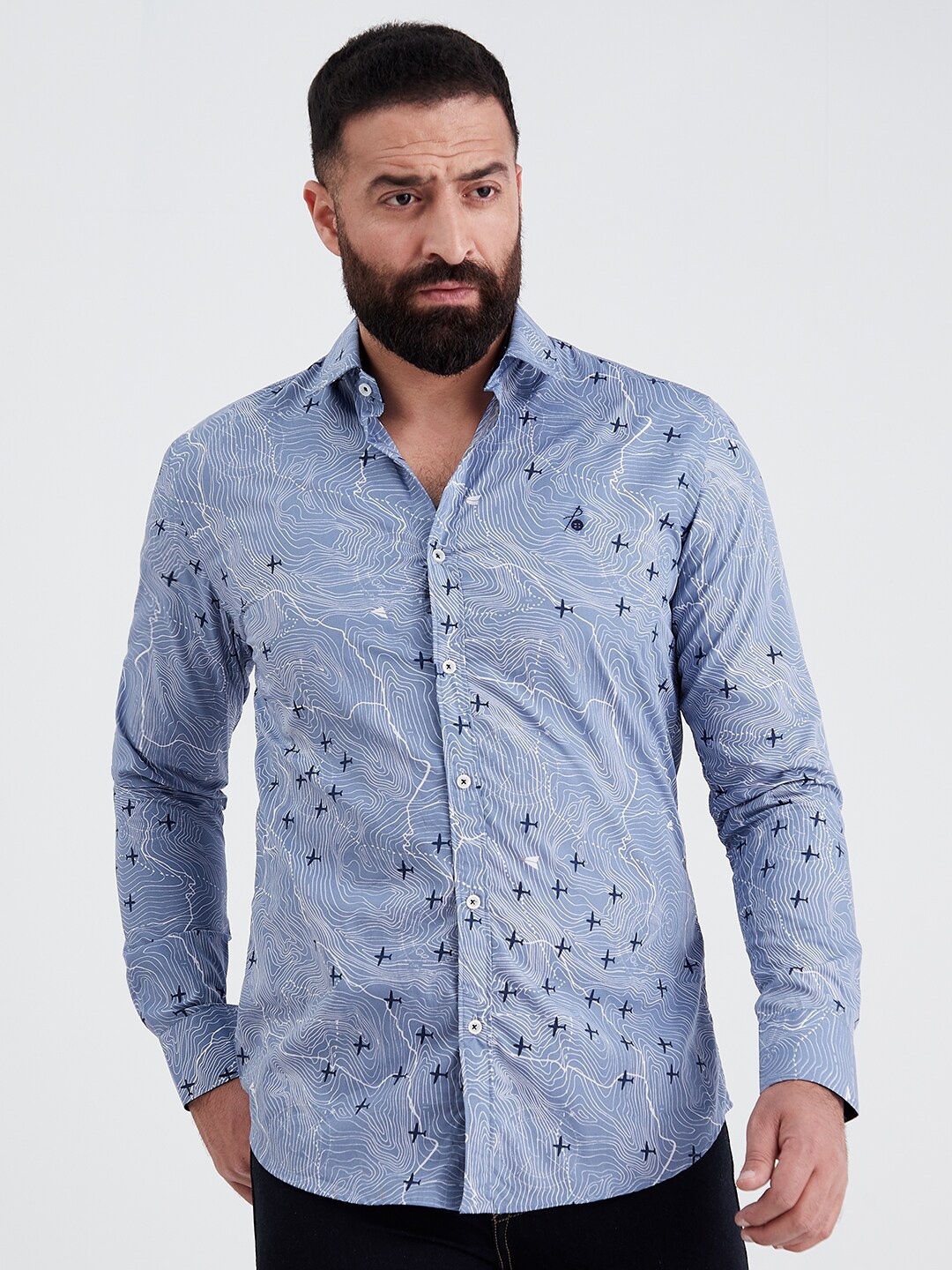 

MR BUTTON Men Slim Fit Printed Casual Shirt, Blue