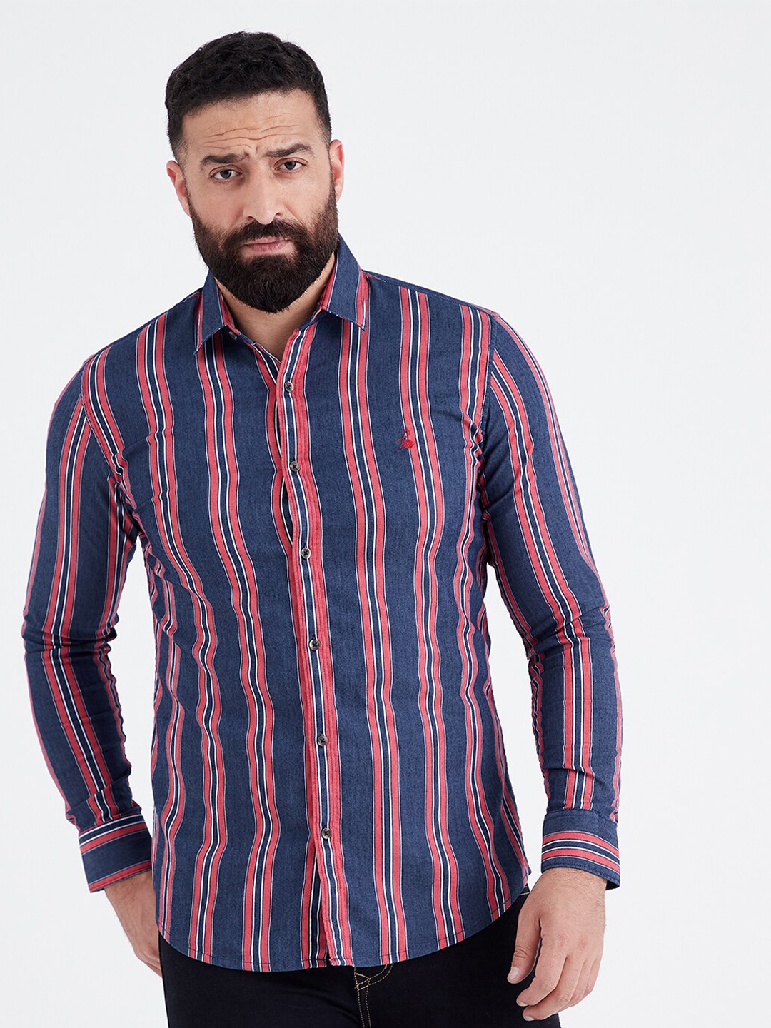 

MR BUTTON Men Slim Fit Striped Casual Shirt, Blue
