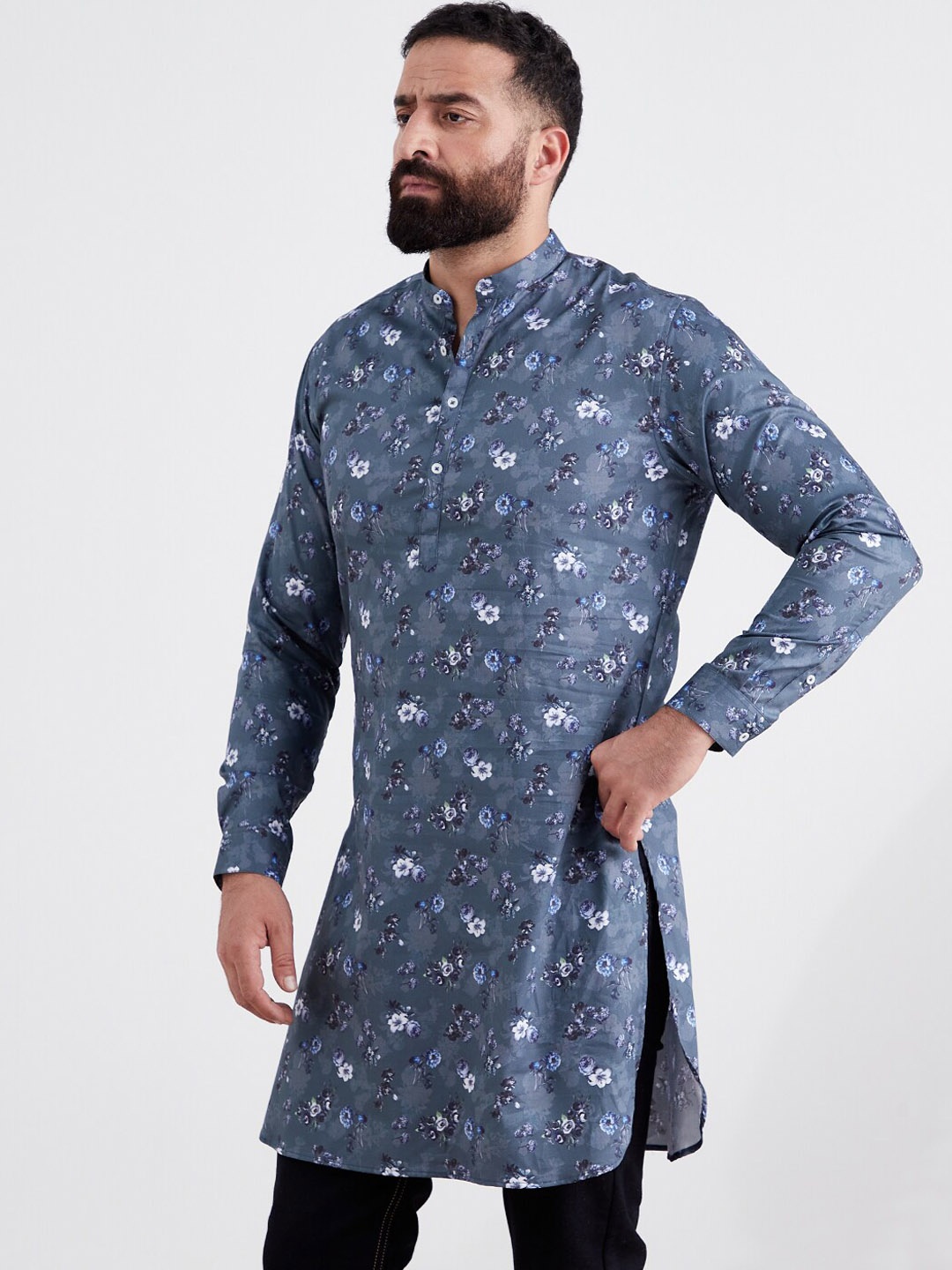 

MR BUTTON Men Floral Printed Kurta, Grey