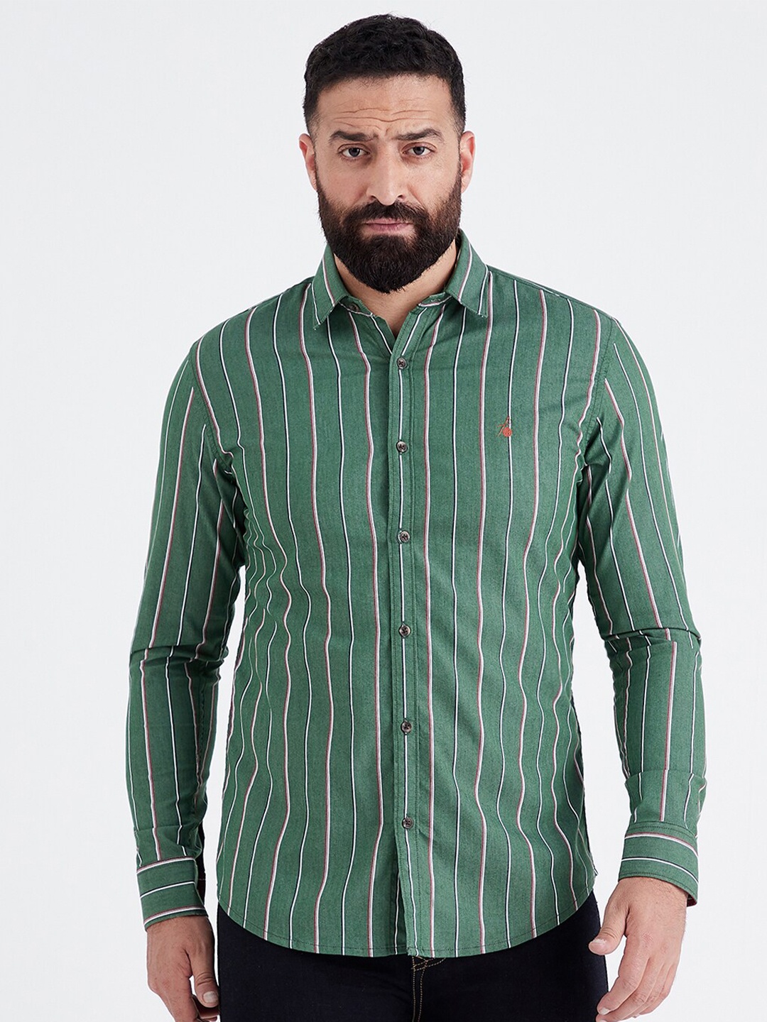 

MR BUTTON Men Slim Fit Striped Casual Shirt, Green