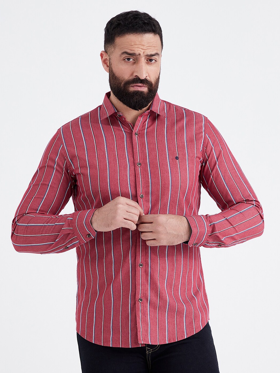 

MR BUTTON Men Slim Fit Striped Casual Shirt, Red