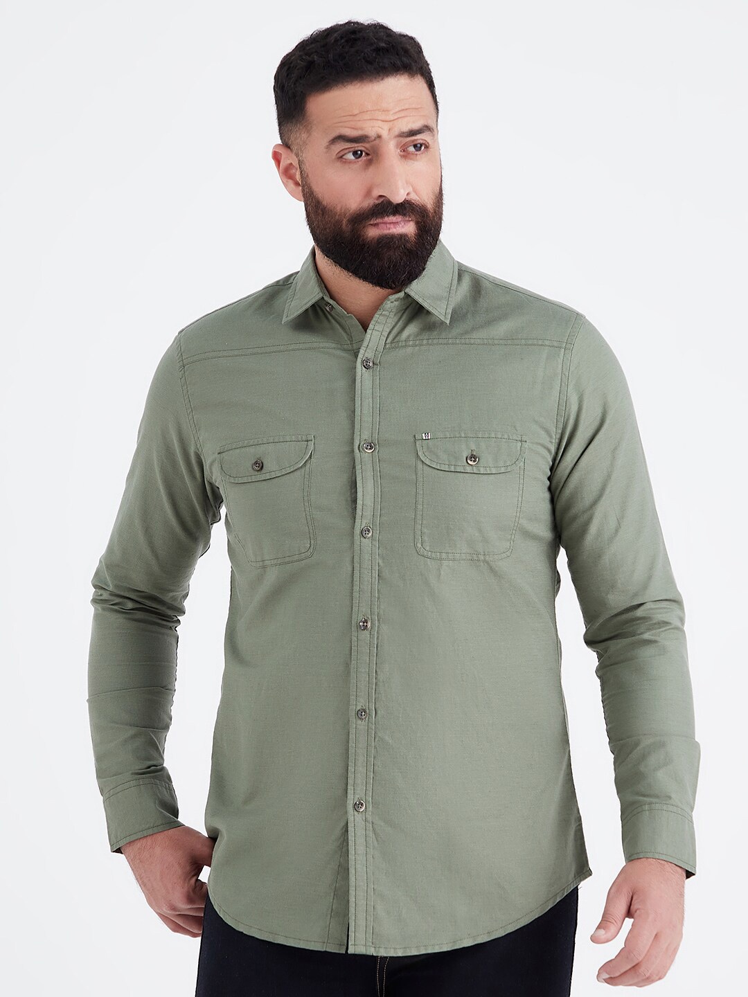 

MR BUTTON Men Slim Fit Casual Shirt, Olive