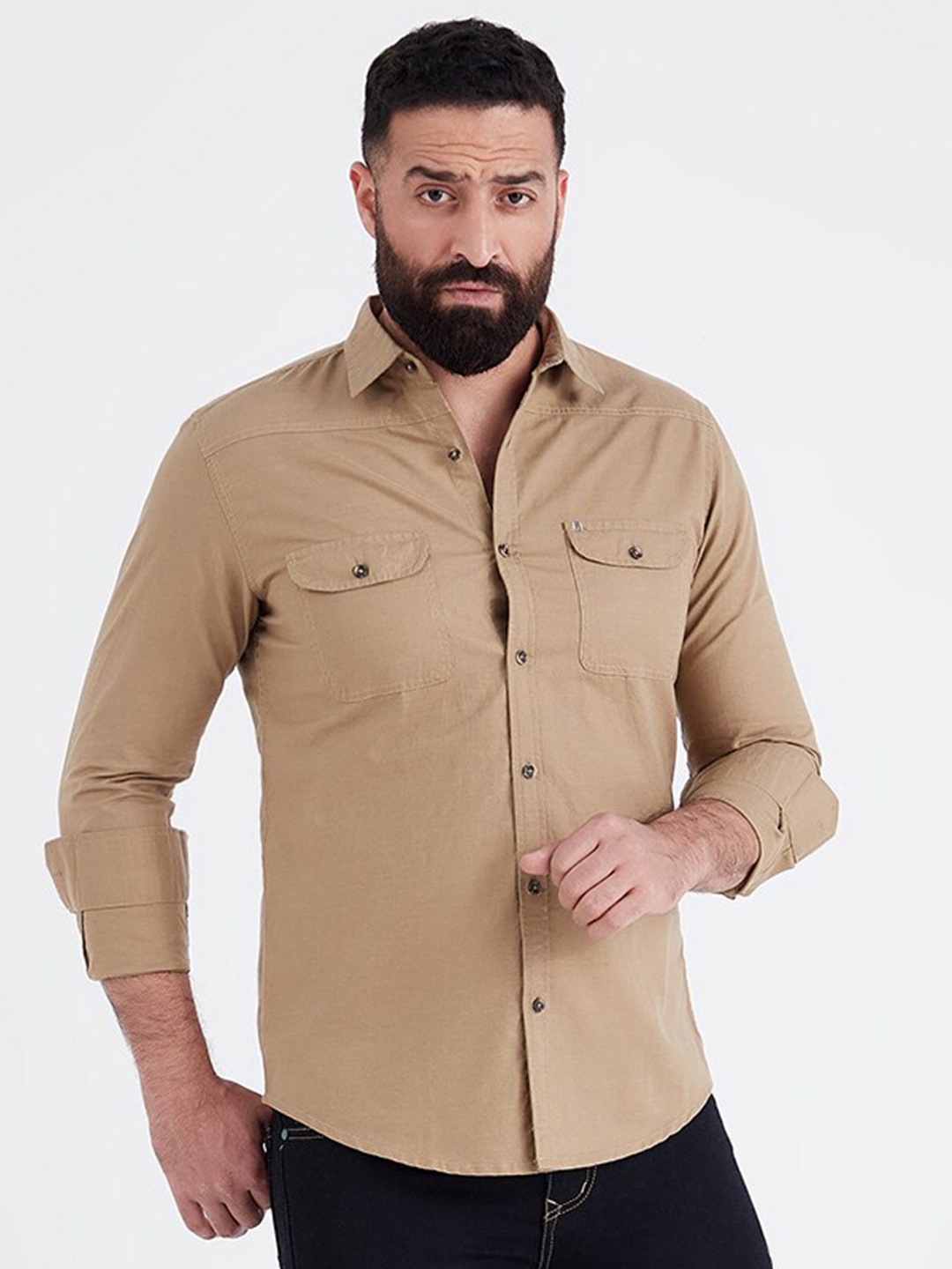 

MR BUTTON Men Slim Fit Casual Shirt, Khaki