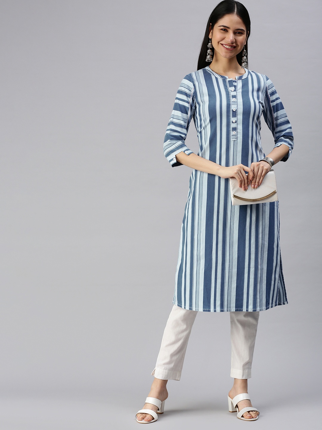 

ETIQUETTE Women Blue & Off White Striped Denim Kurta