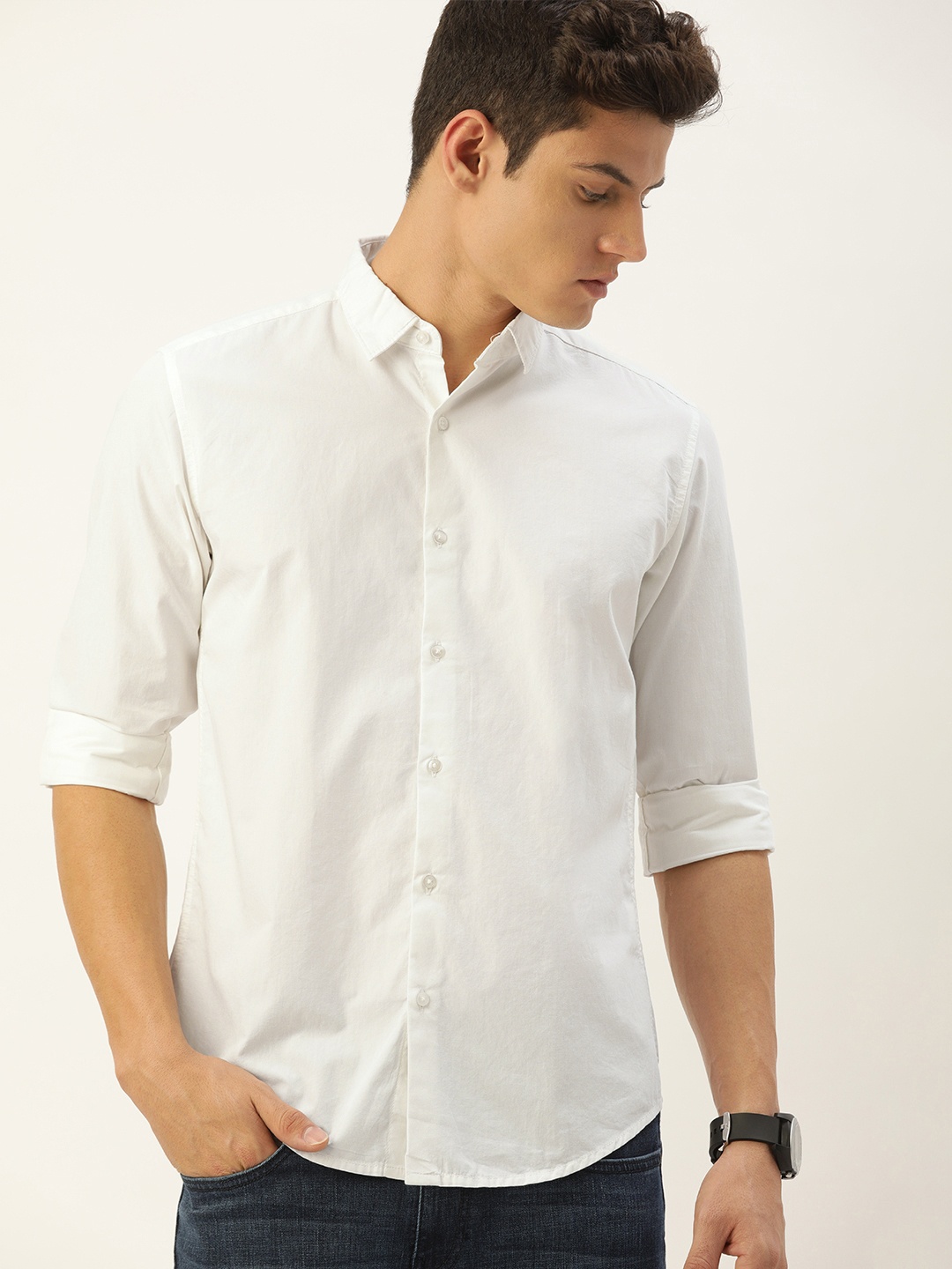 

IVOC Men White Solid Slim Fit Pure Cotton Casual Shirt